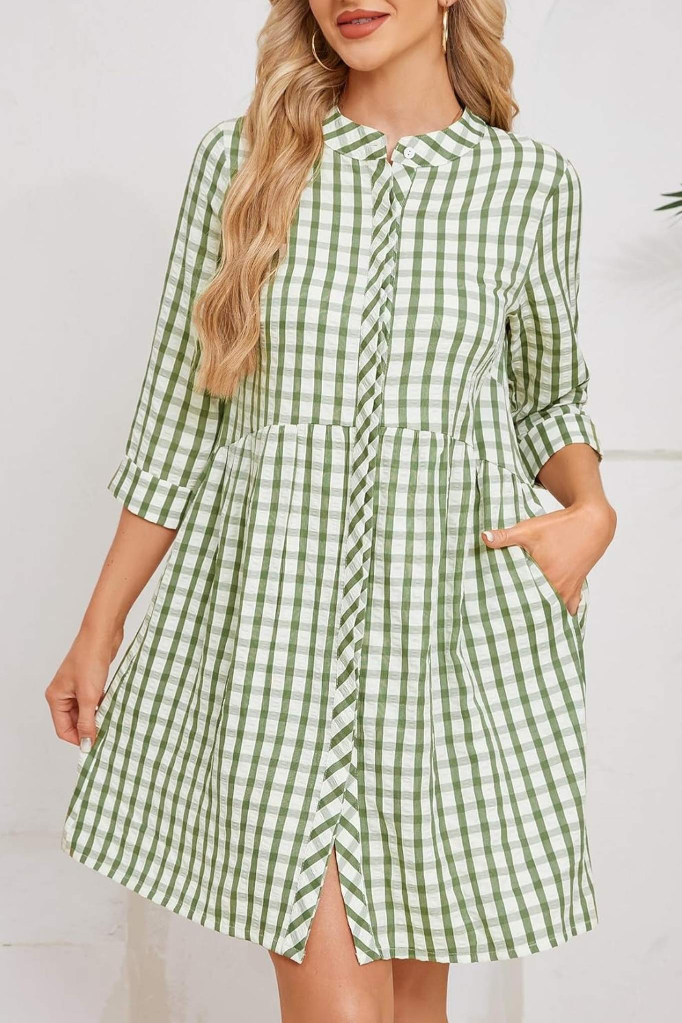 Ladyful Casual Plaid Button Down Tunic Dress With Pockets | 3/4 Sleeve Babydoll Mini Dress