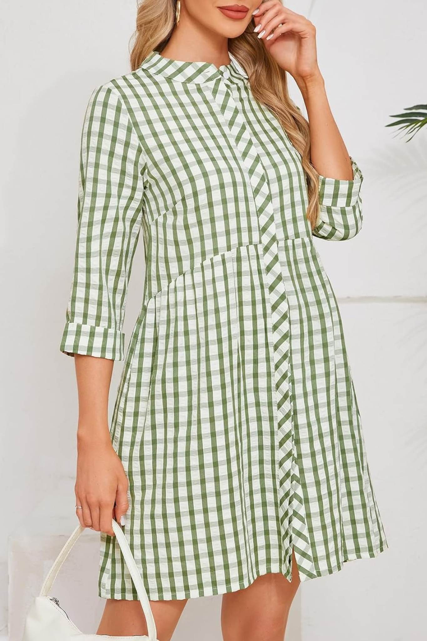 Ladyful Casual Plaid Button Down Tunic Dress With Pockets | 3/4 Sleeve Babydoll Mini Dress