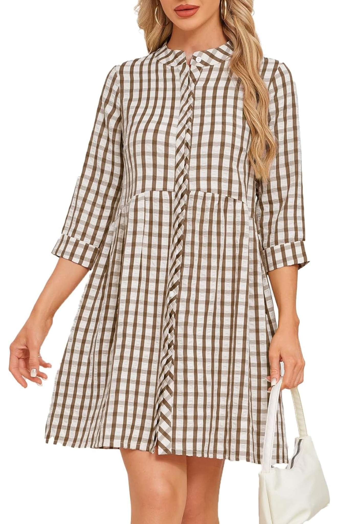 Ladyful Casual Plaid Button Down Tunic Dress With Pockets | 3/4 Sleeve Babydoll Mini Dress