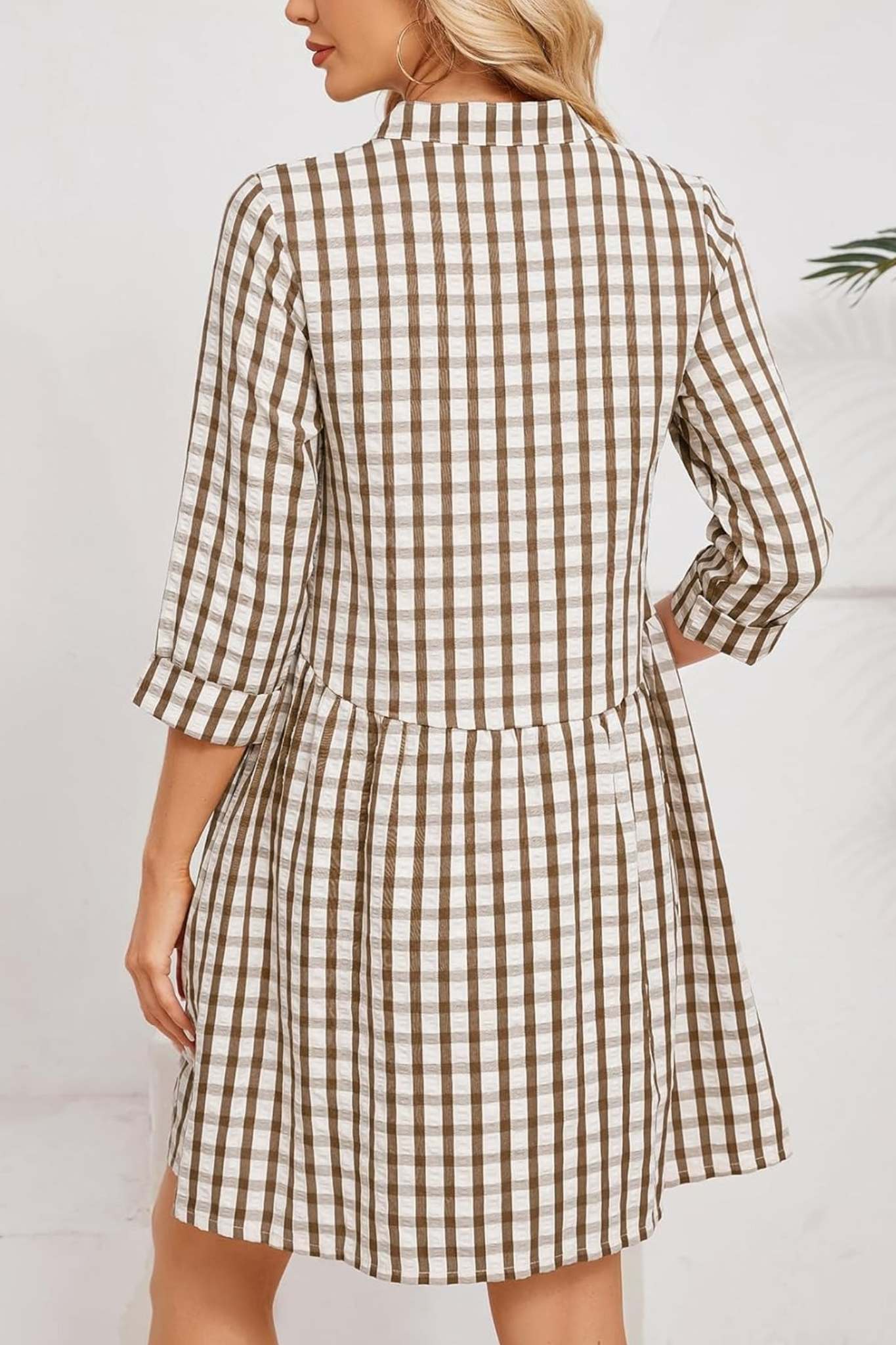 Ladyful Casual Plaid Button Down Tunic Dress With Pockets | 3/4 Sleeve Babydoll Mini Dress