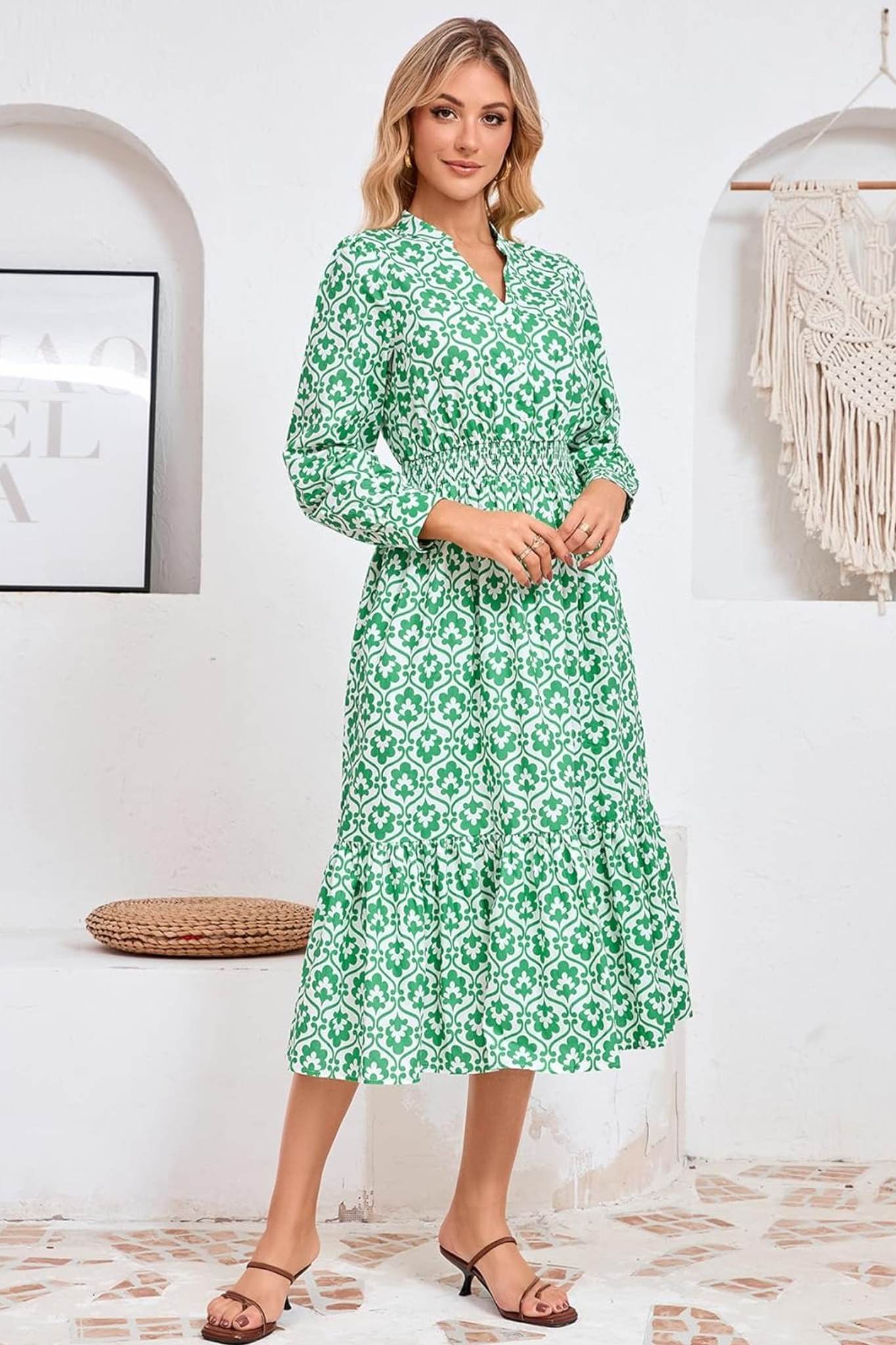 Yexpine Emerald Bloom 100% Cotton Smocked Waist Tiered Maxi Dress With Pockets