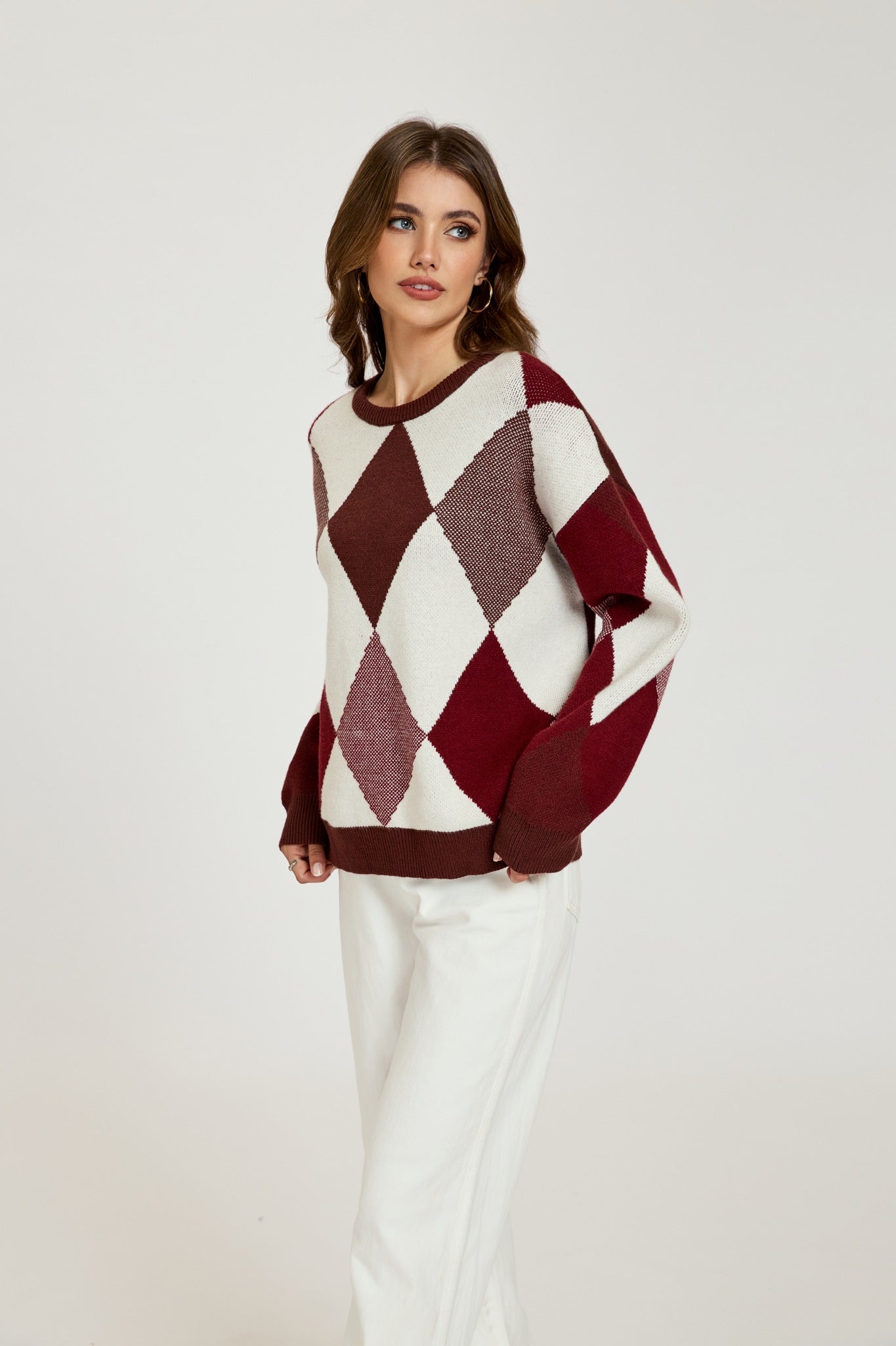 Ezabutus Vintage Argyle Knit Sweater – Casual Loose Pullover Jumper