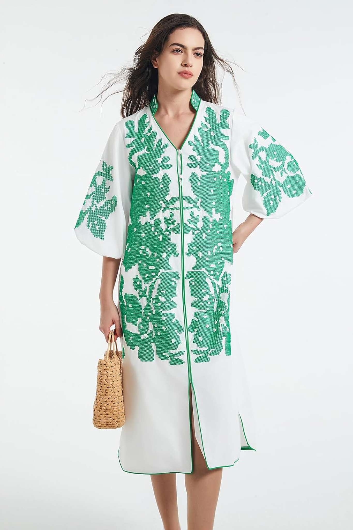 Dsun Boho Embroidered V-Neck Midi Dress With Puff Sleeves & Zipper Front