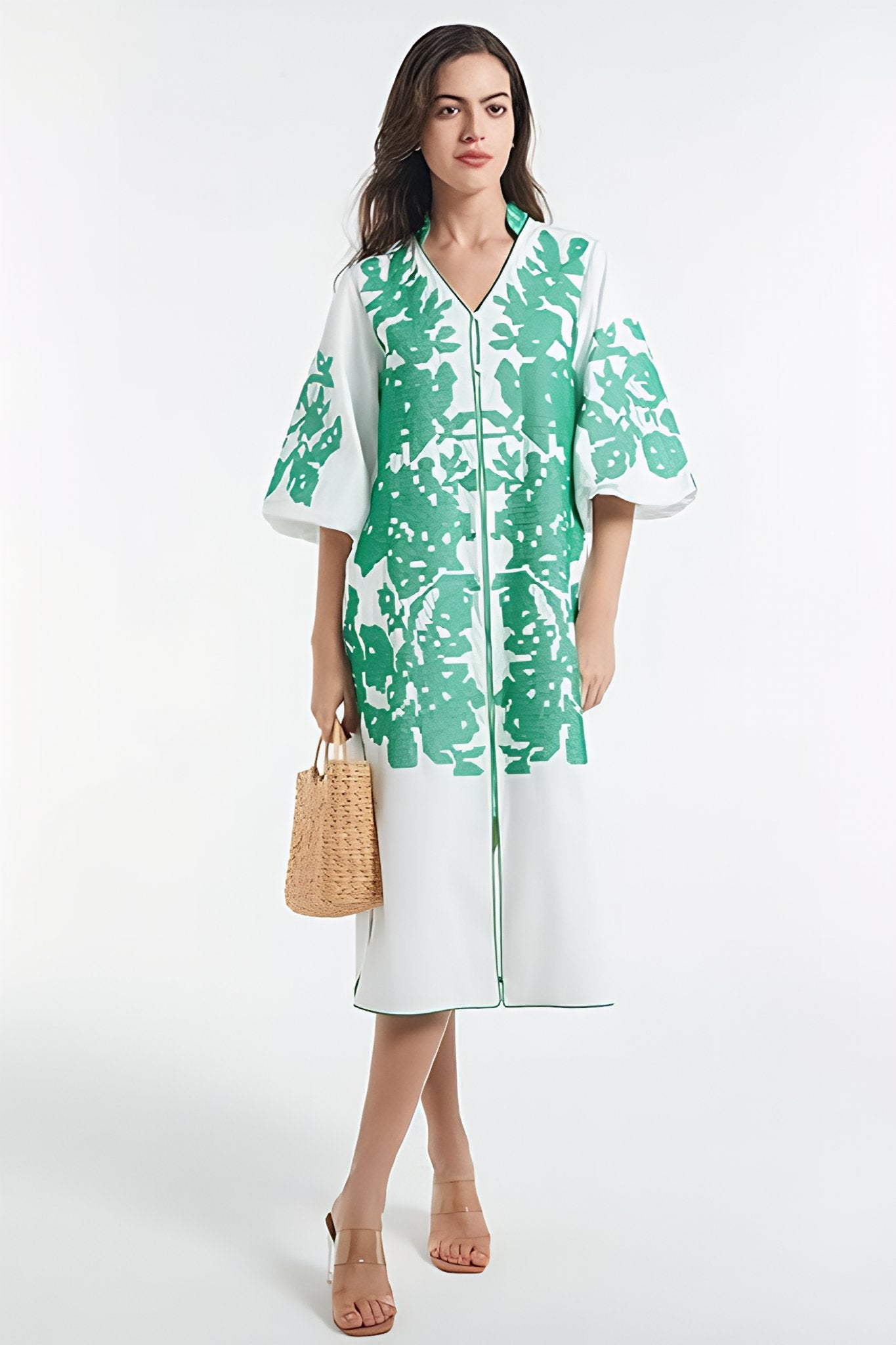 Dsun Boho Embroidered V-Neck Midi Dress With Puff Sleeves & Zipper Front