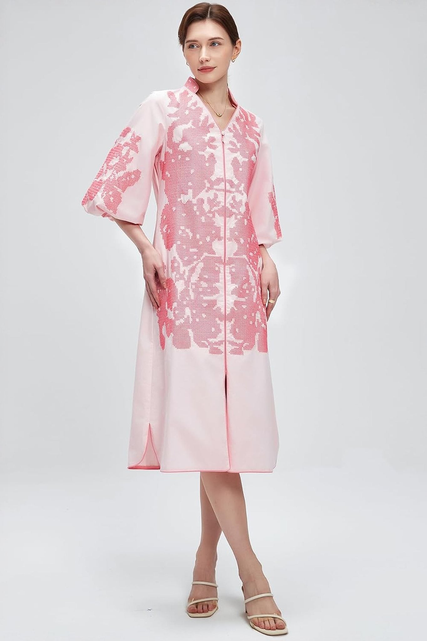 Dsun Boho Embroidered V-Neck Midi Dress With Puff Sleeves & Zipper Front