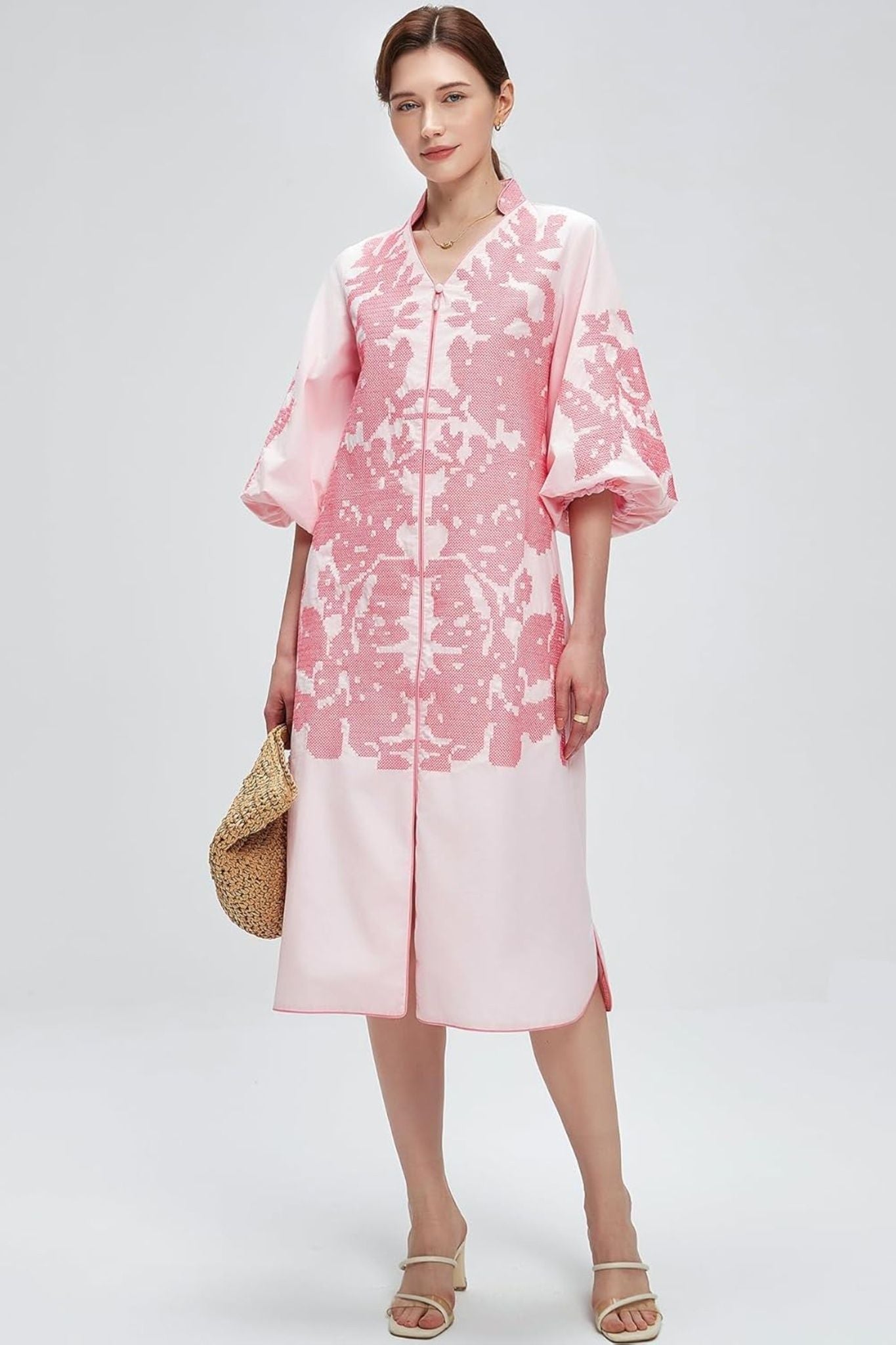 Dsun Boho Embroidered V-Neck Midi Dress With Puff Sleeves & Zipper Front