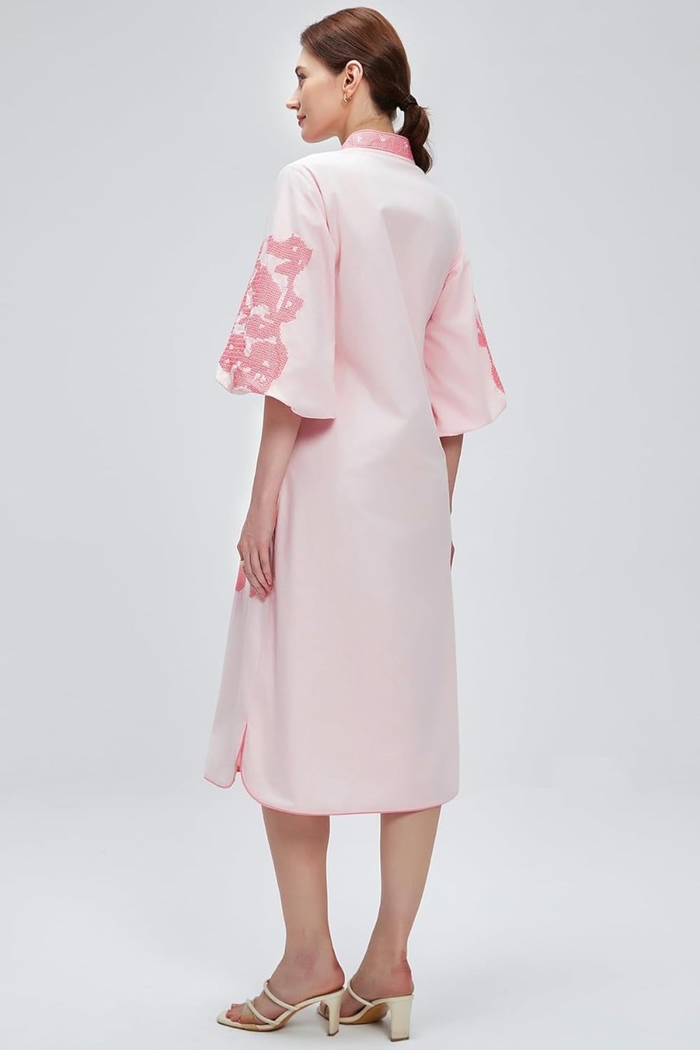 Dsun Boho Embroidered V-Neck Midi Dress With Puff Sleeves & Zipper Front