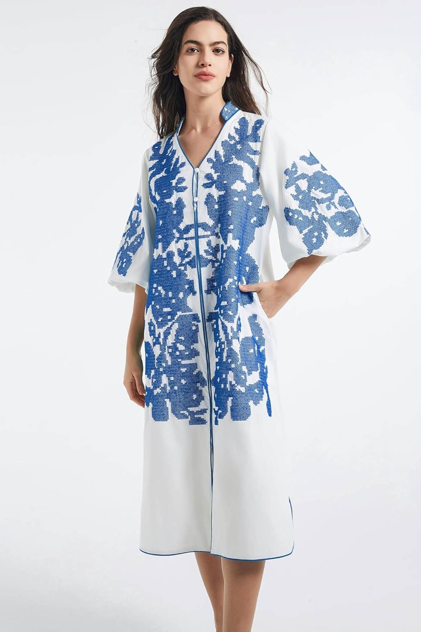 Dsun Boho Embroidered V-Neck Midi Dress With Puff Sleeves & Zipper Front