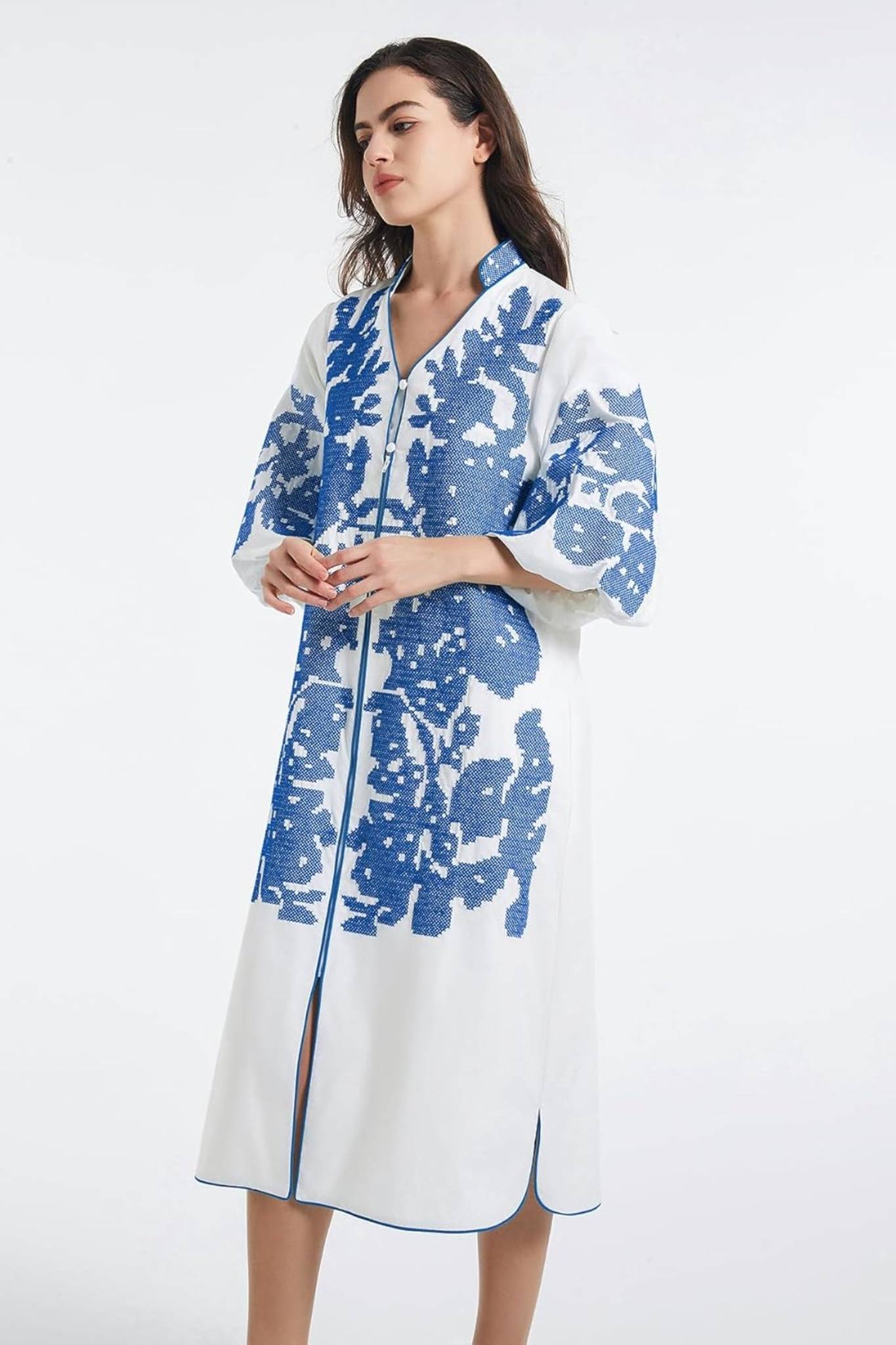 Dsun Boho Embroidered V-Neck Midi Dress With Puff Sleeves & Zipper Front