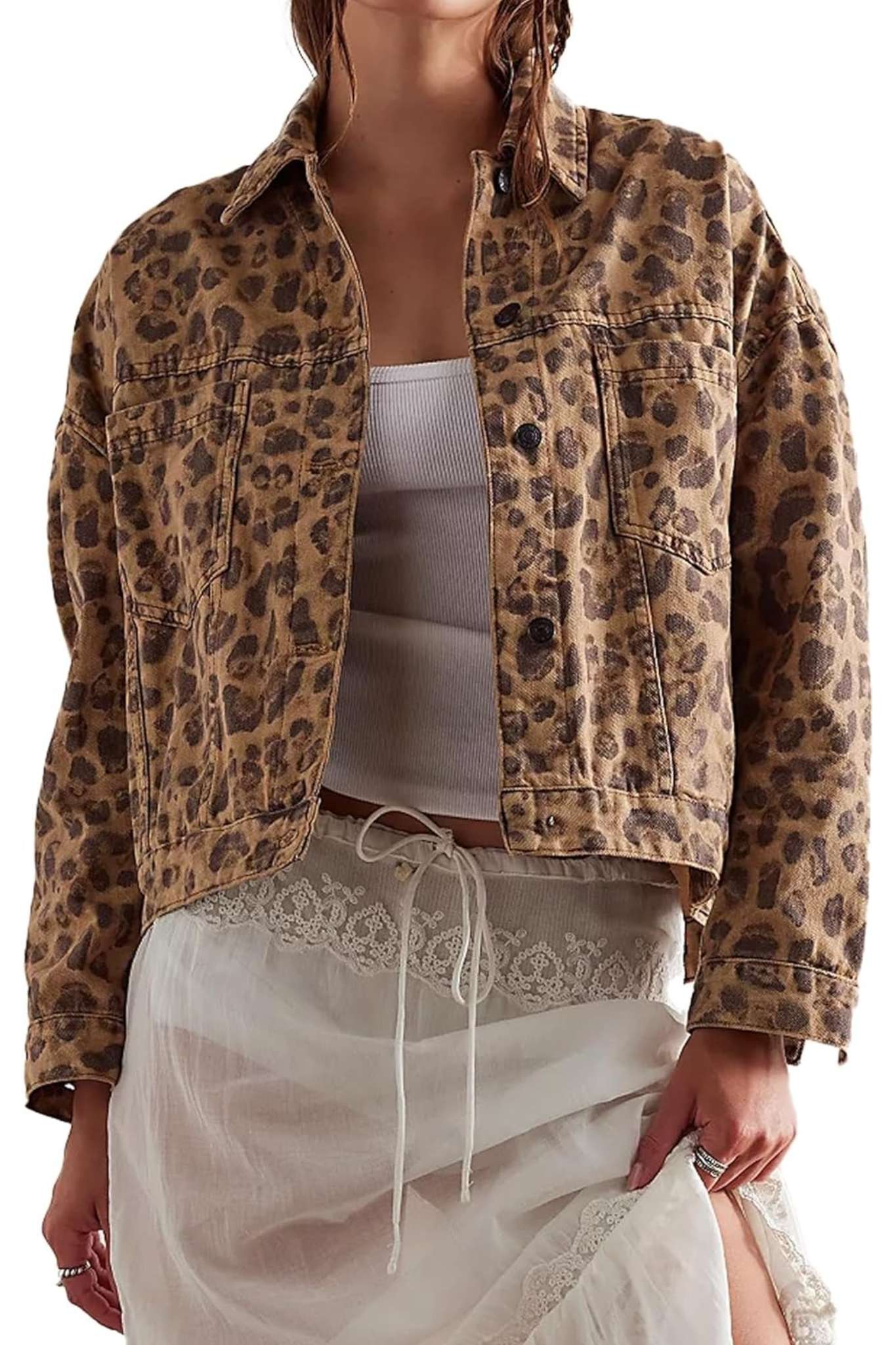 Dsun Vintage Oversized Printed Boyfriend Denim Trucker Jacket | Leopard, Star & Heart Patterns