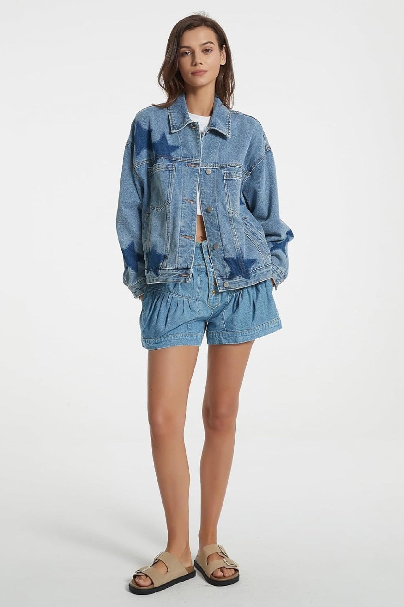 Dsun Vintage Oversized Printed Boyfriend Denim Trucker Jacket | Leopard, Star & Heart Patterns