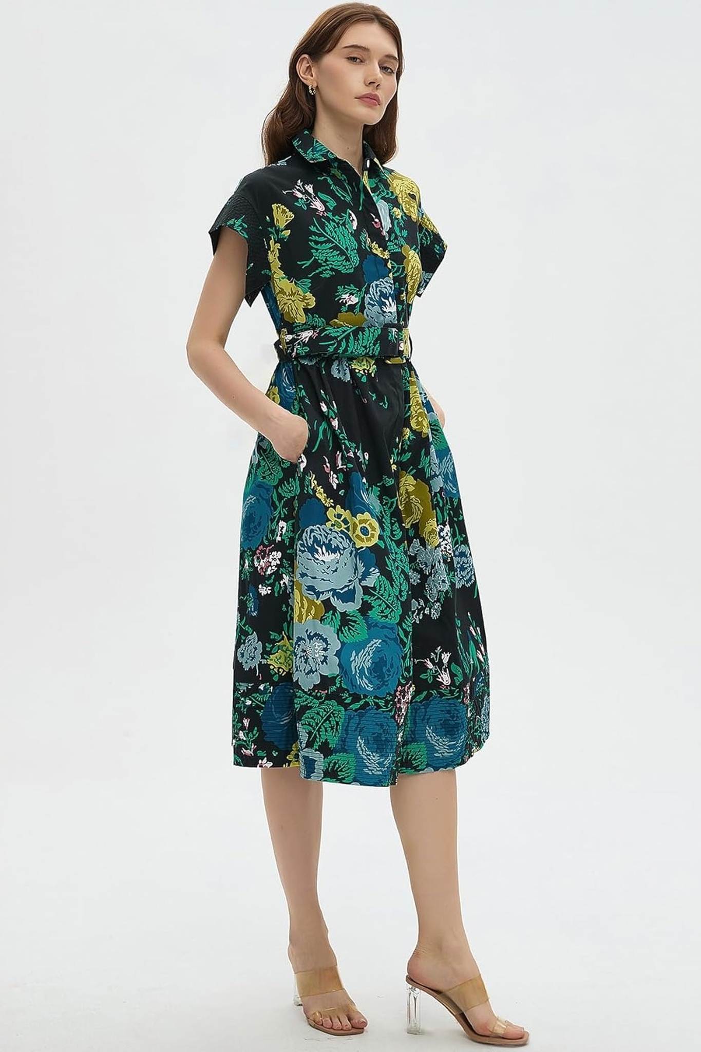 Dsun Vintage Floral Print Belted Midi Shirt Dress With Pockets