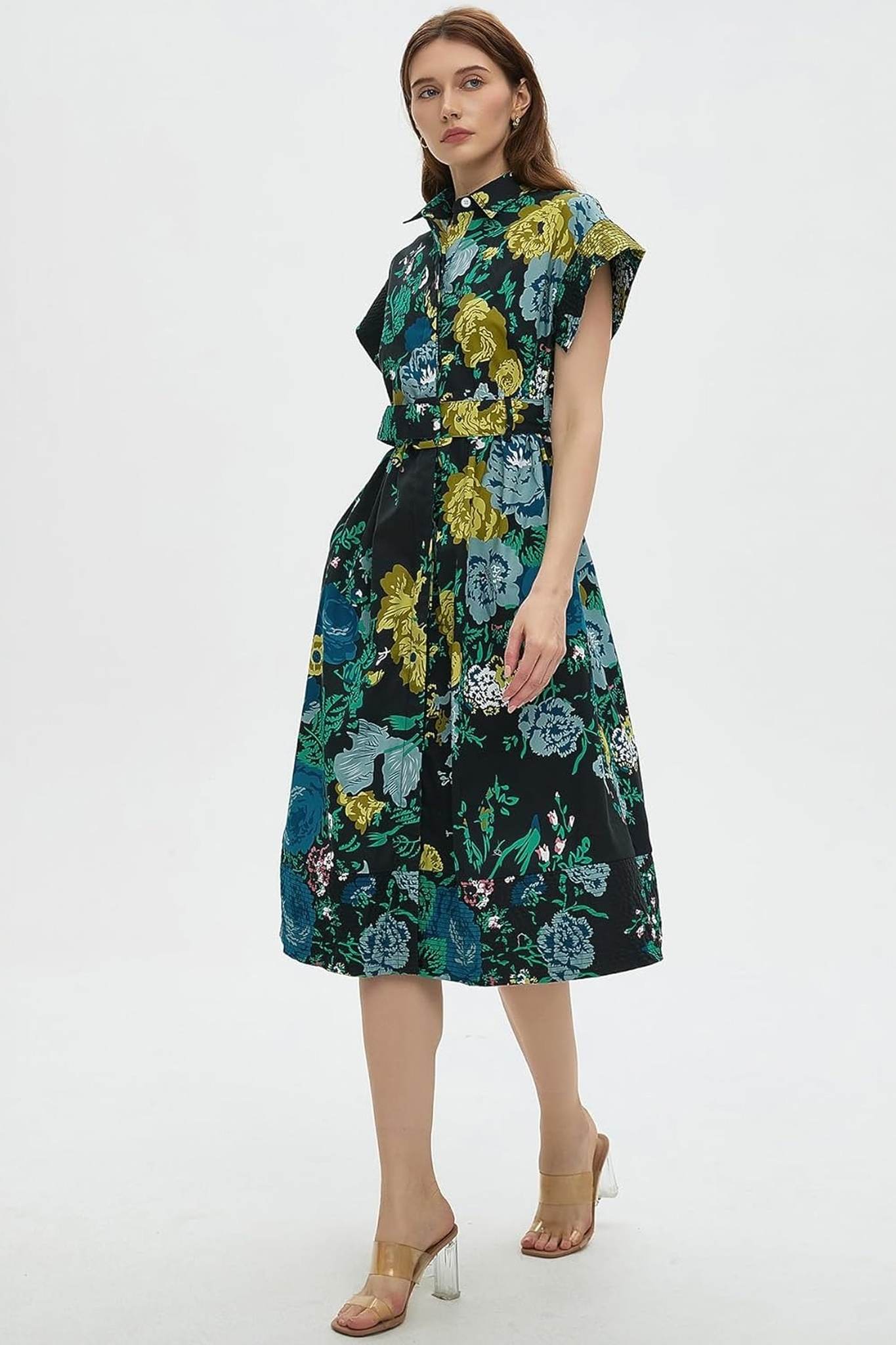 Dsun Vintage Floral Print Belted Midi Shirt Dress With Pockets