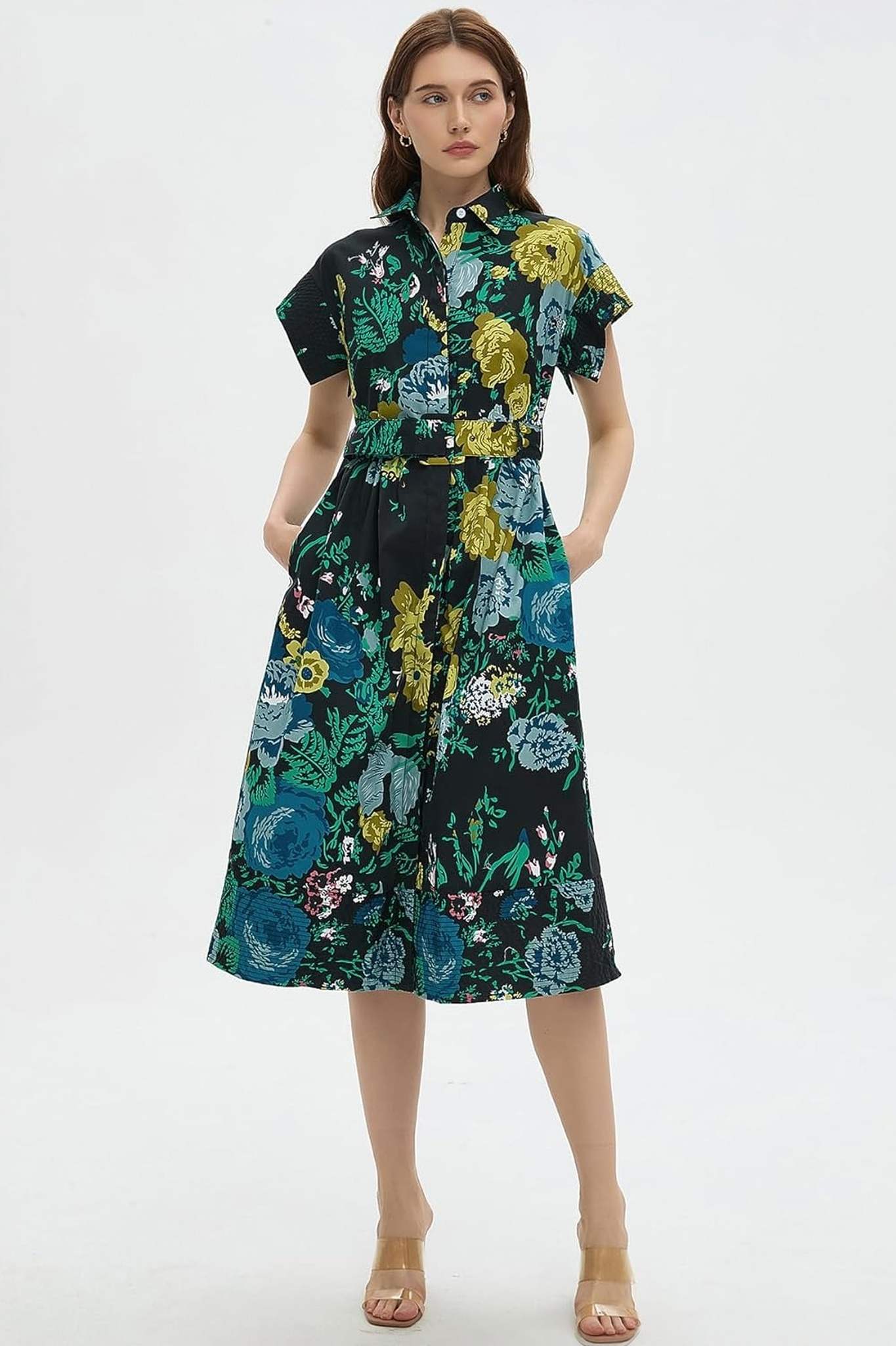 Dsun Vintage Floral Print Belted Midi Shirt Dress With Pockets