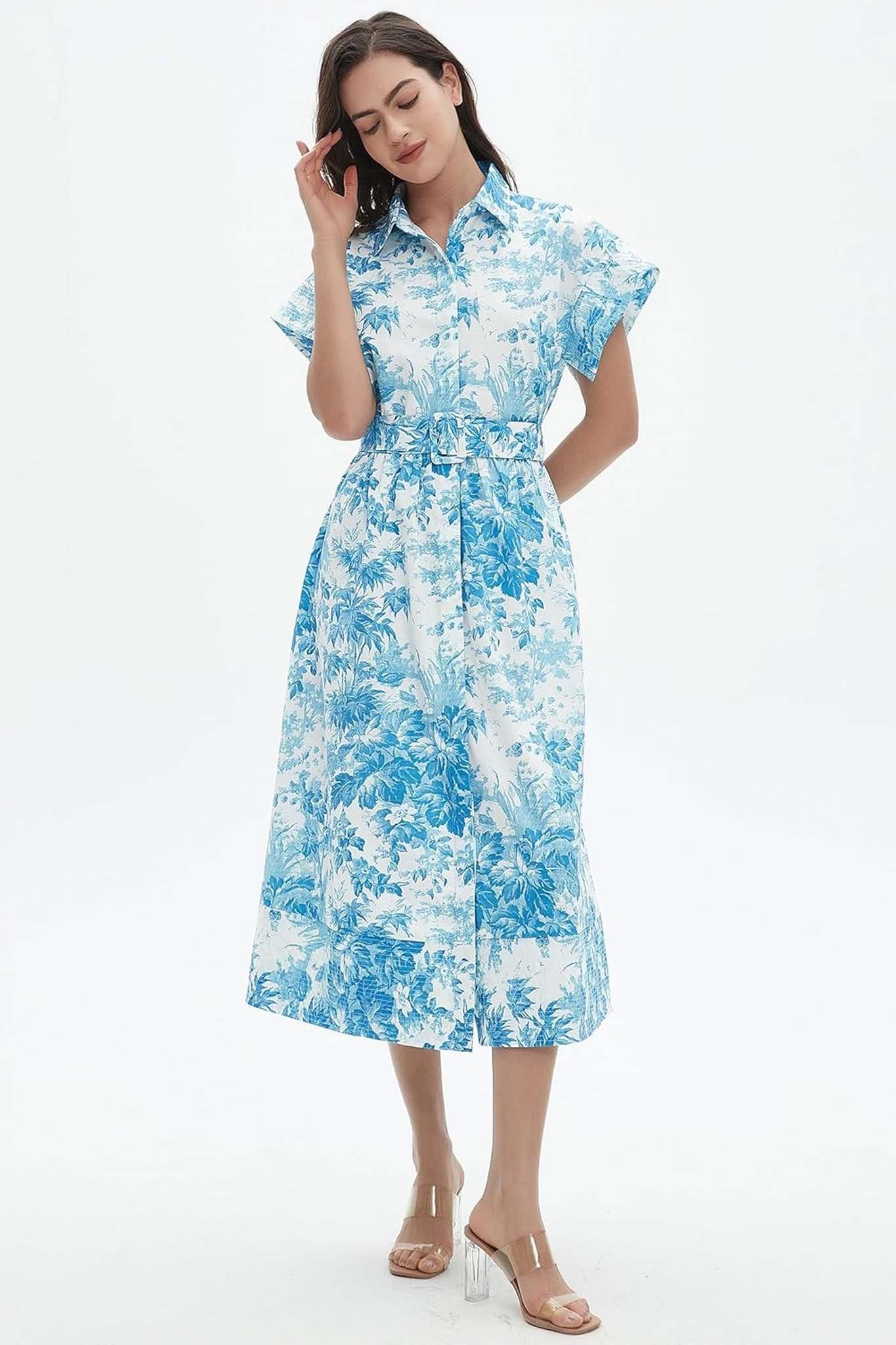 Dsun Vintage Floral Print Belted Midi Shirt Dress With Pockets