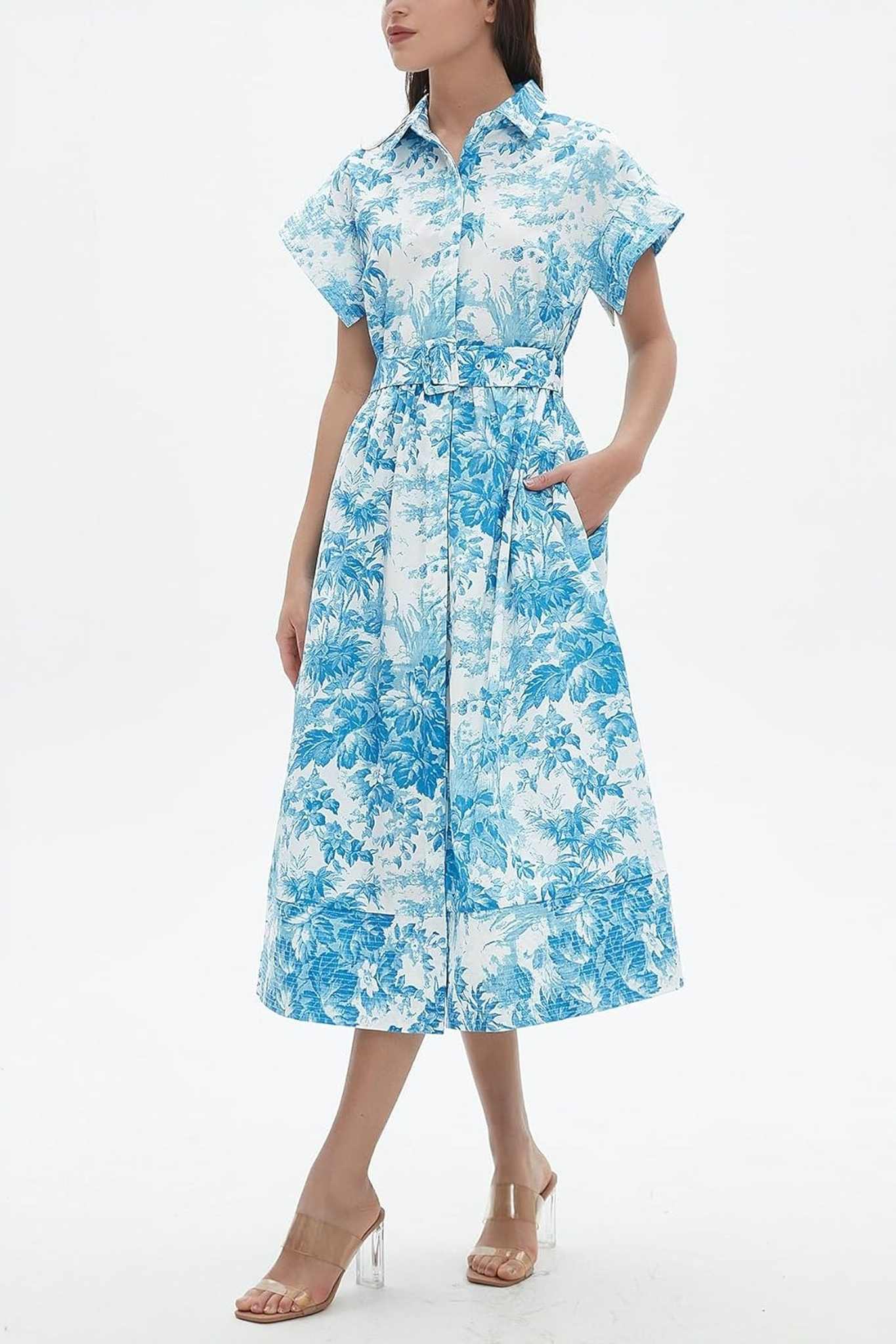 Dsun Vintage Floral Print Belted Midi Shirt Dress With Pockets