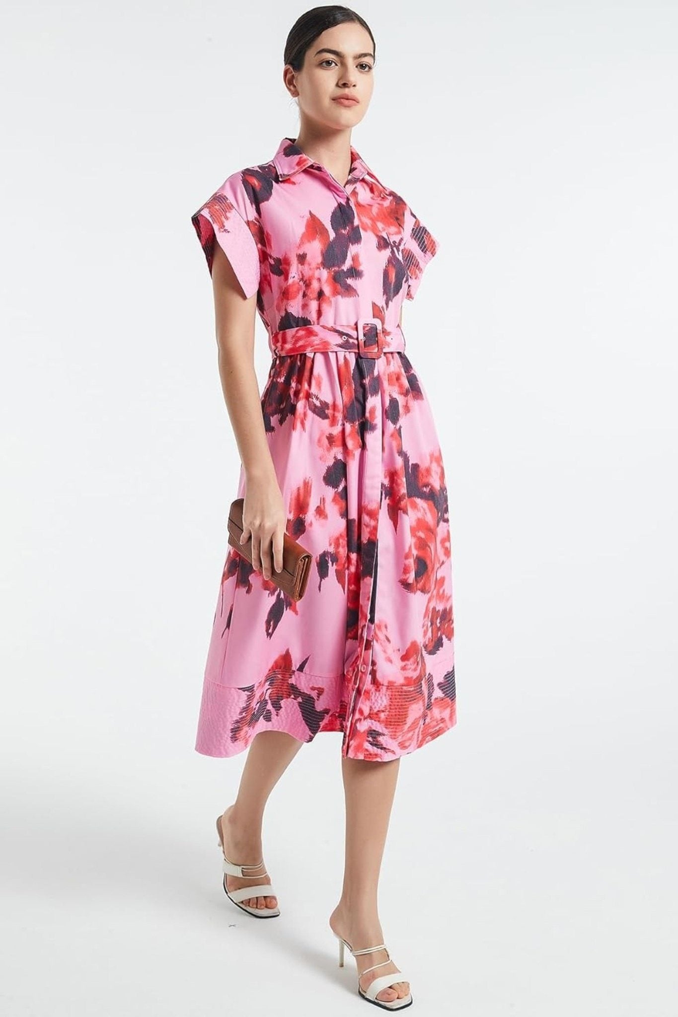 Dsun Vintage Floral Print Belted Midi Shirt Dress With Pockets