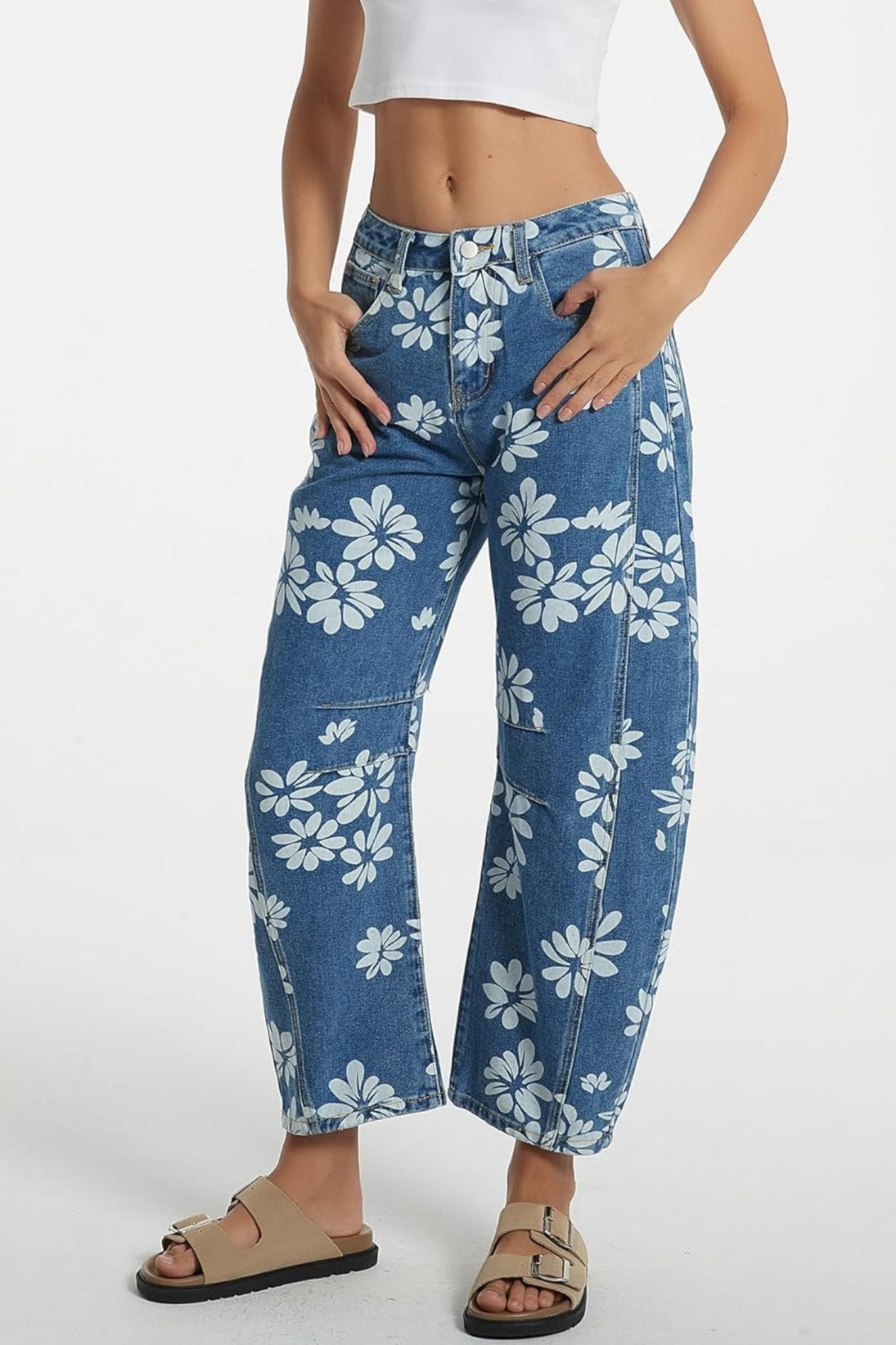 Dsun Vintage Blue Floral Print Barrel Leg Jeans | Retro Wide Leg Denim
