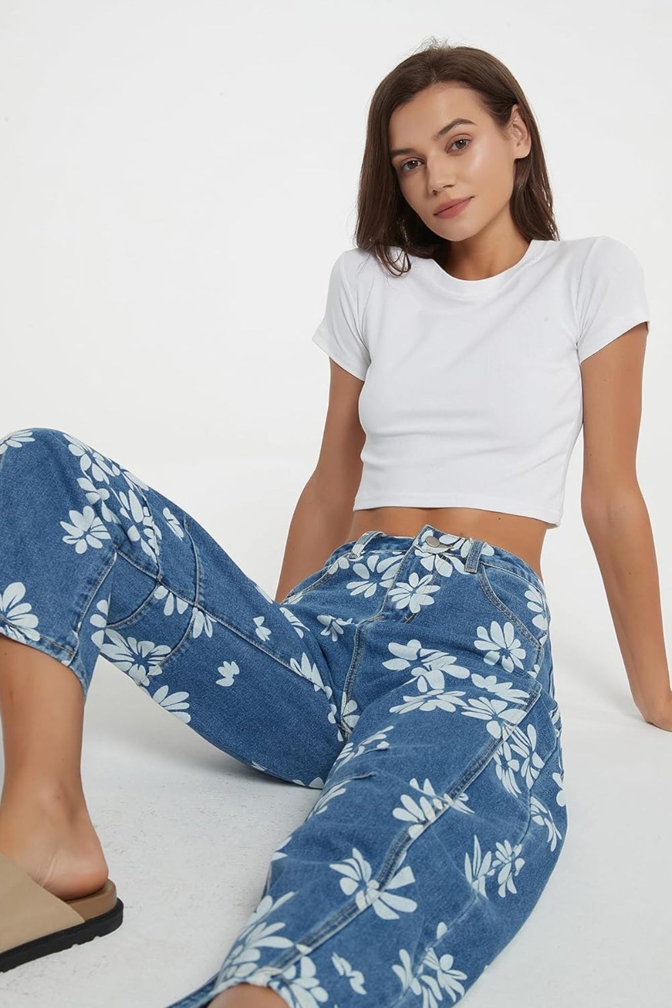 Dsun Vintage Blue Floral Print Barrel Leg Jeans | Retro Wide Leg Denim
