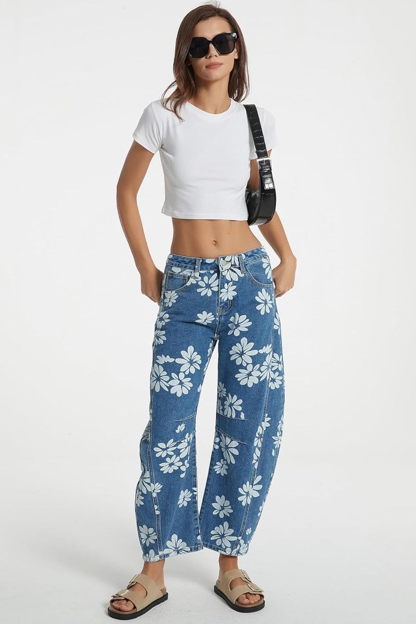 Dsun Vintage Blue Floral Print Barrel Leg Jeans | Retro Wide Leg Denim