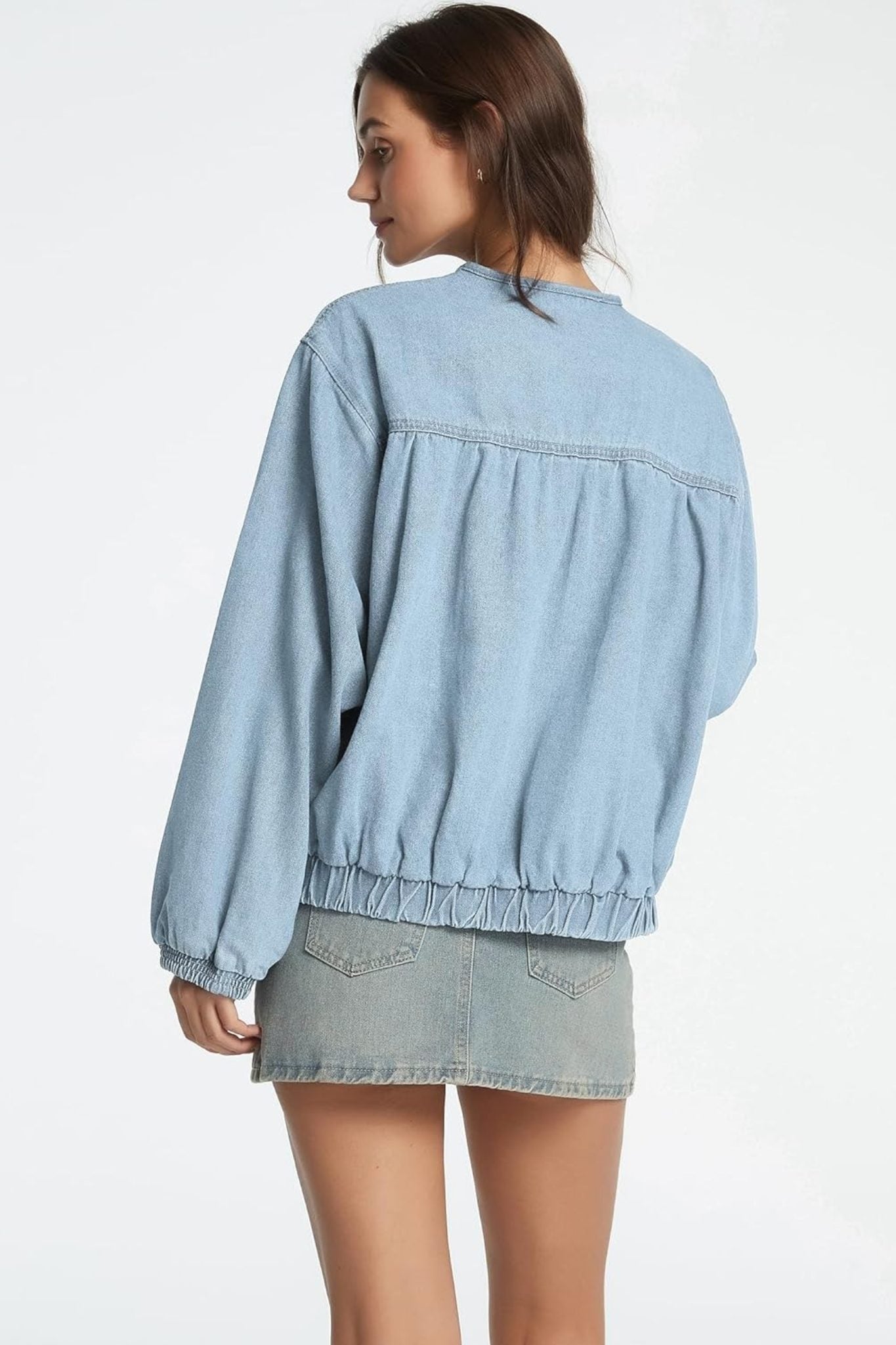 Dsun Casual Crewneck Zip Up Denim Bomber Jacket | Relaxed Fit Tiered Jean Coat