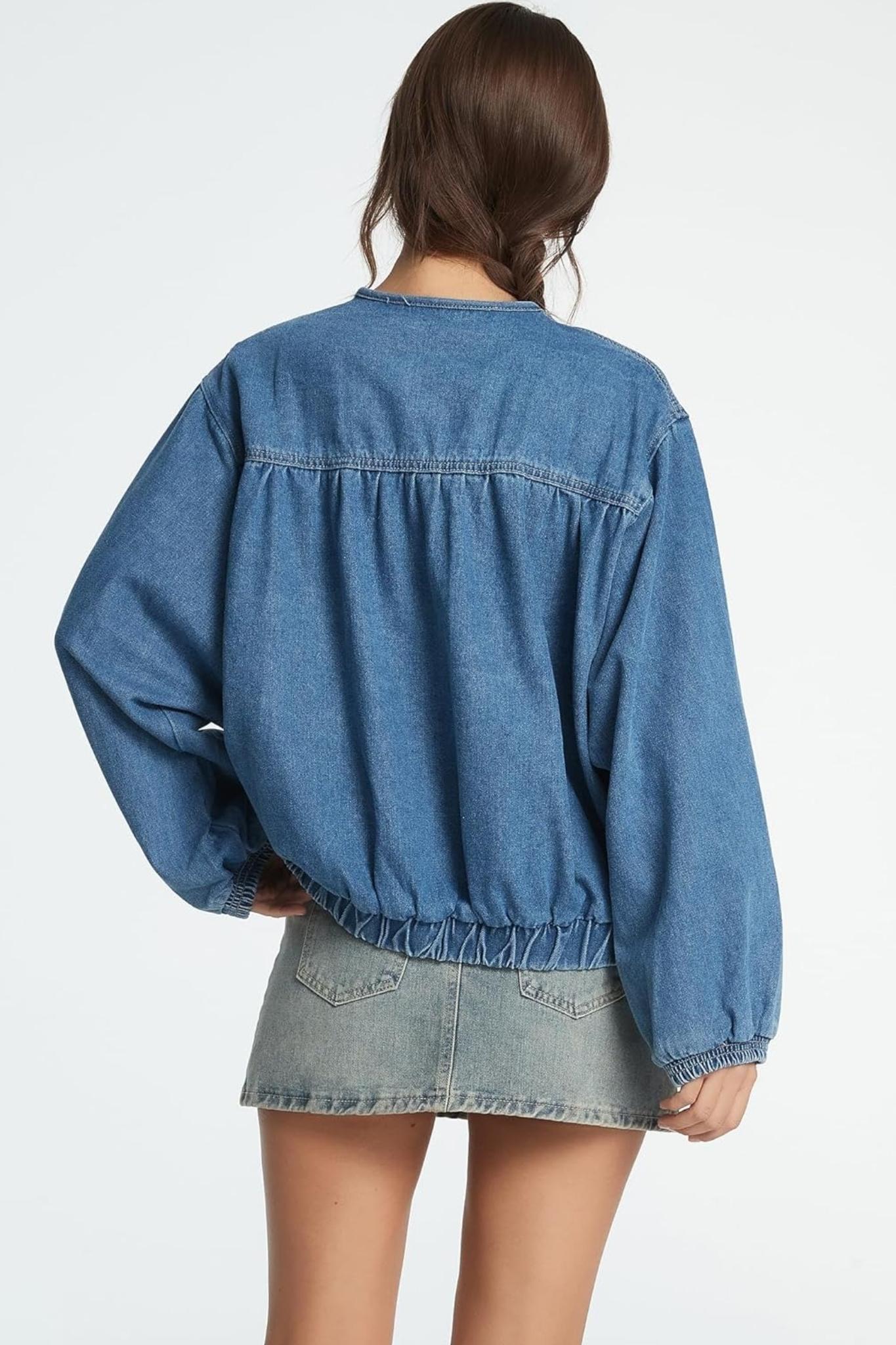 Dsun Casual Crewneck Zip Up Denim Bomber Jacket | Relaxed Fit Tiered Jean Coat