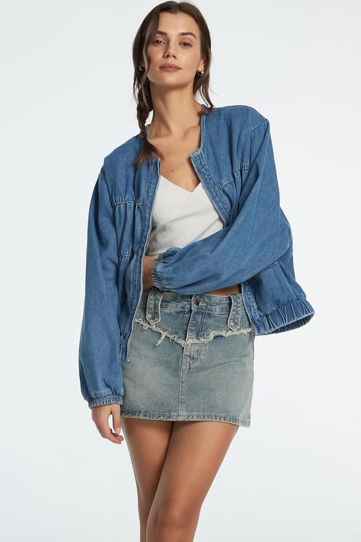 Dsun Casual Crewneck Zip Up Denim Bomber Jacket | Relaxed Fit Tiered Jean Coat