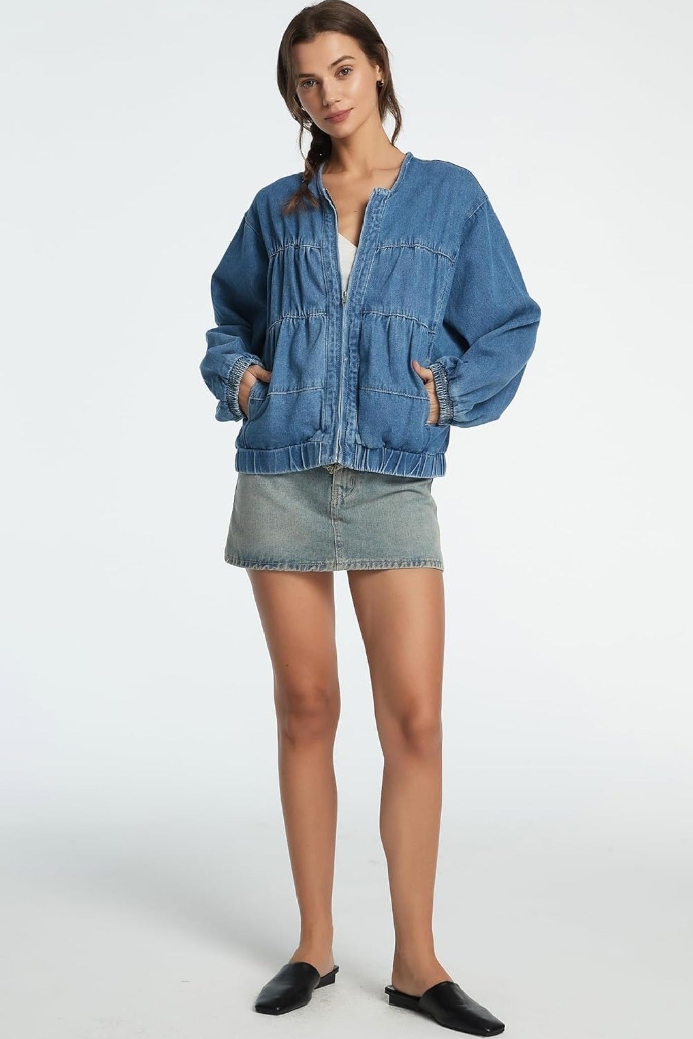 Dsun Casual Crewneck Zip Up Denim Bomber Jacket | Relaxed Fit Tiered Jean Coat