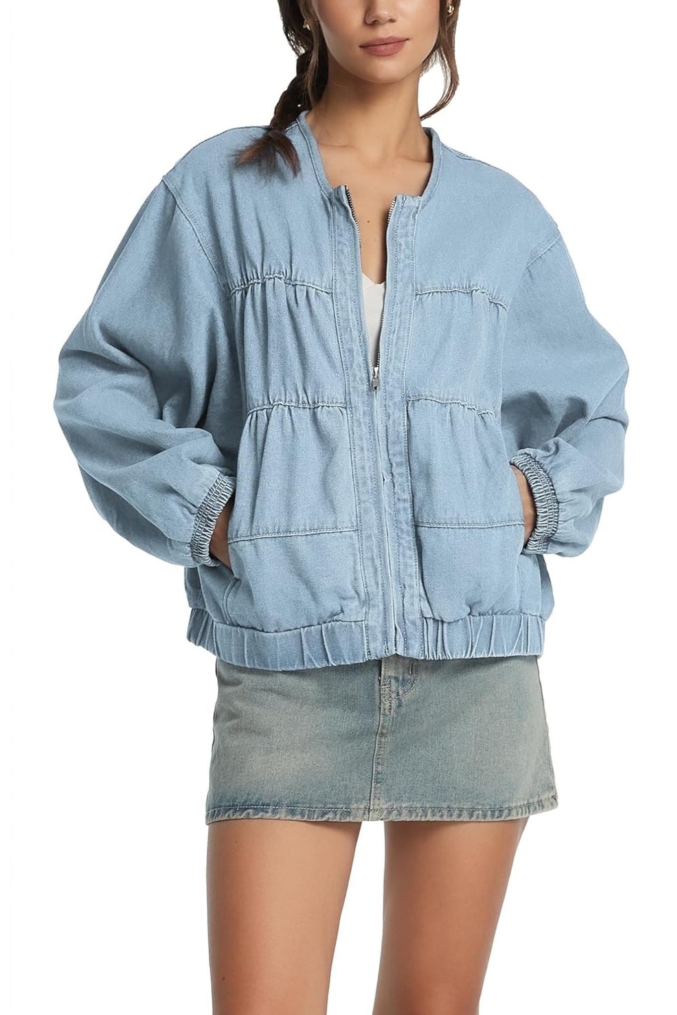 Dsun Casual Crewneck Zip Up Denim Bomber Jacket | Relaxed Fit Tiered Jean Coat