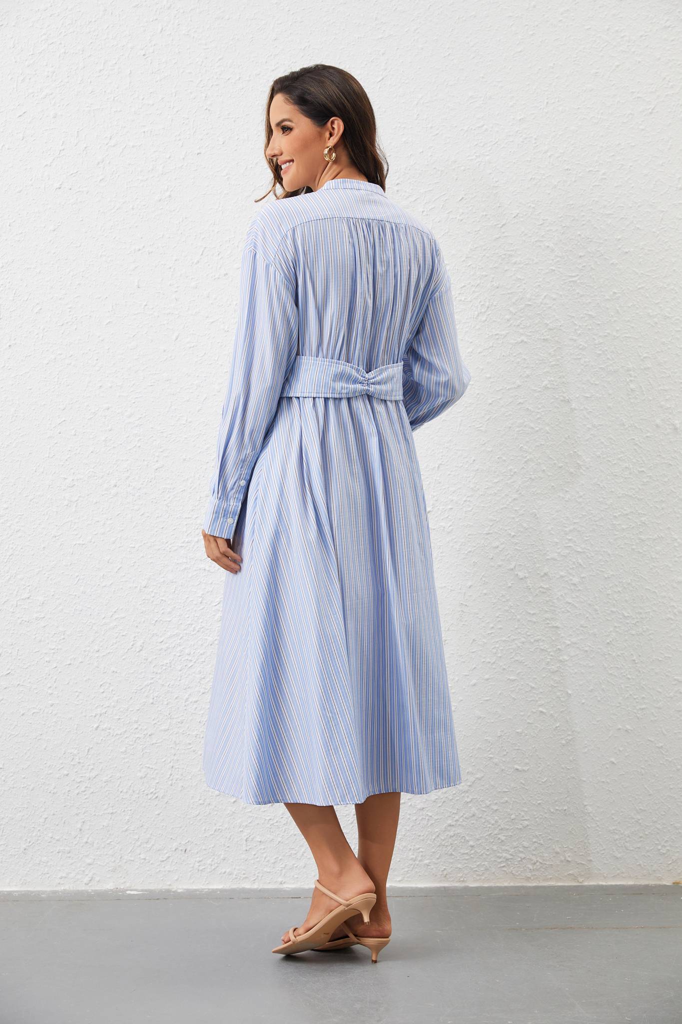 Ezabutus Elegant Striped Belted Round Collar Midi Shirt Dress