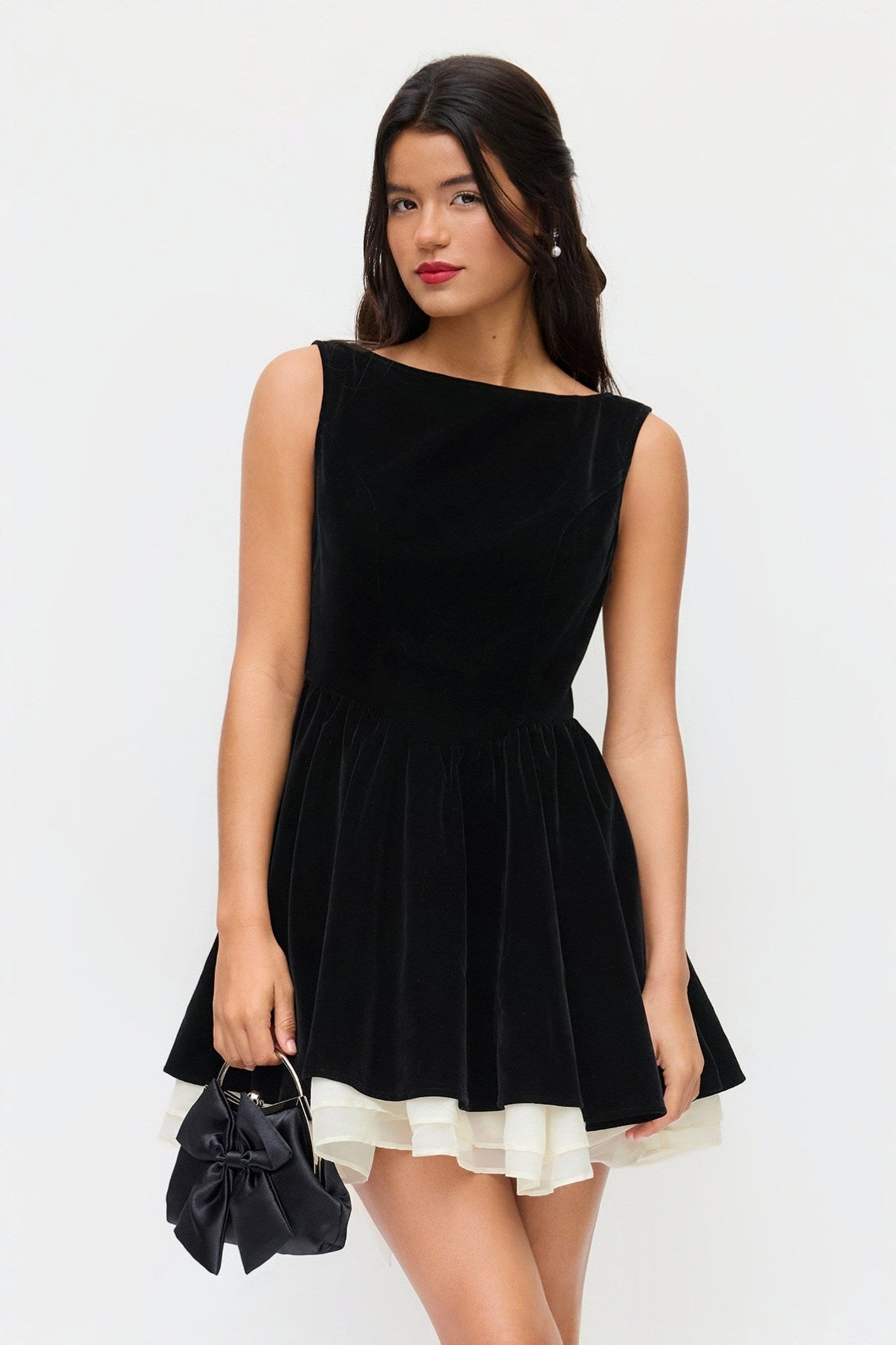 Ezabutus Black Velvet Boat Neck Mini Dress With Contrast Bow And Ruffle Hem