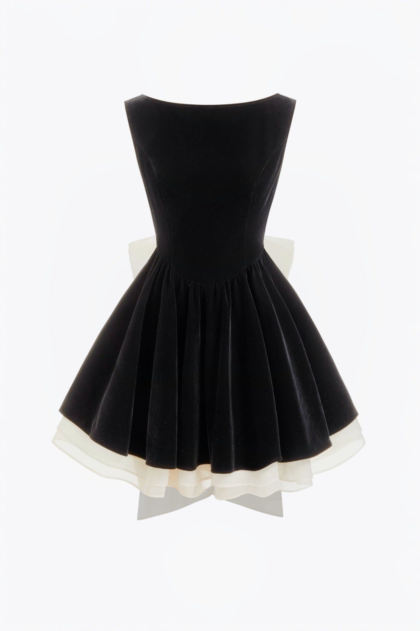 Ezabutus Black Velvet Boat Neck Mini Dress With Contrast Bow And Ruffle Hem