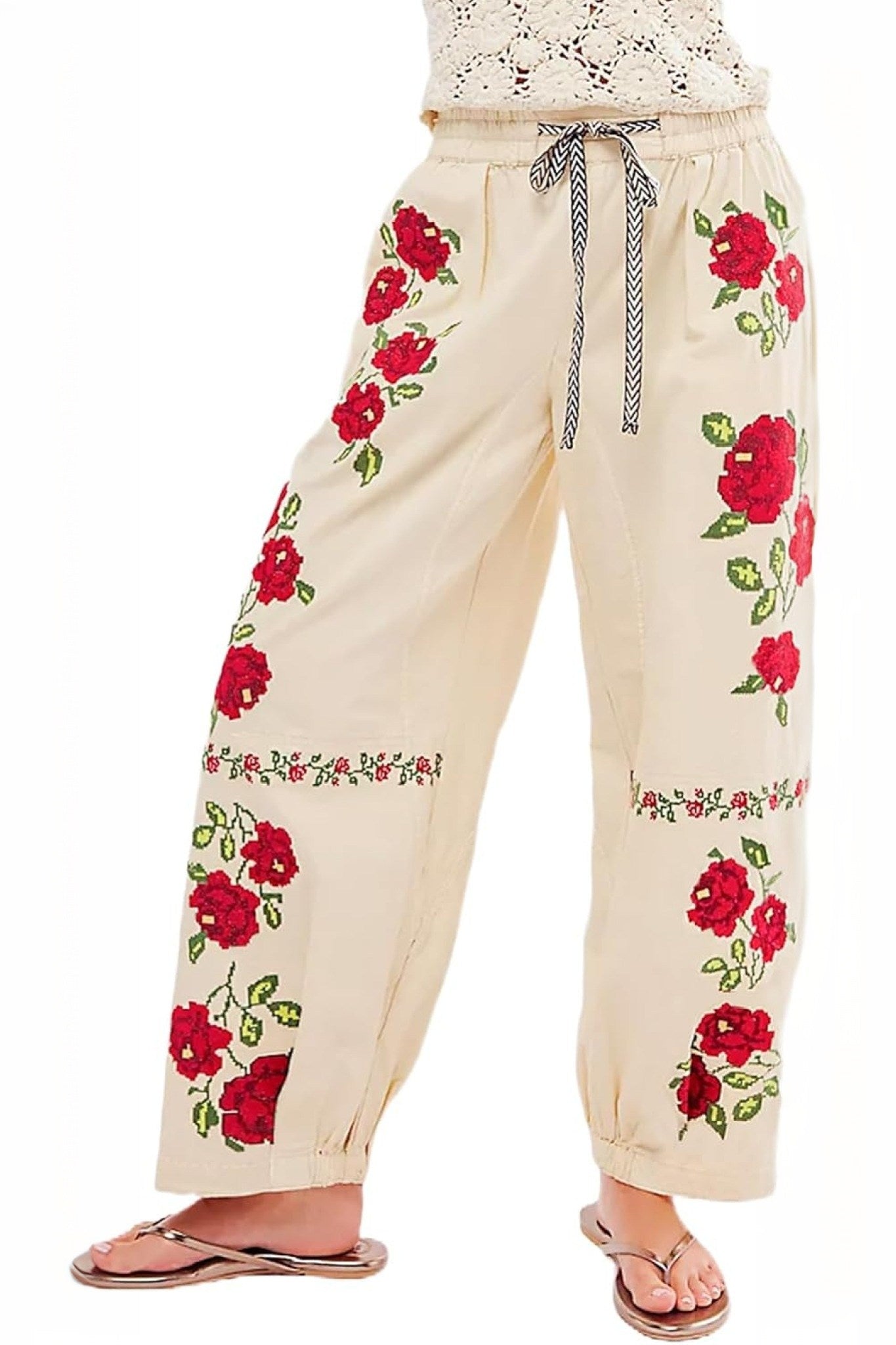 Kedera Boho Floral Embroidered Drawstring Pants – Blue or Red Bloom Linen Trousers