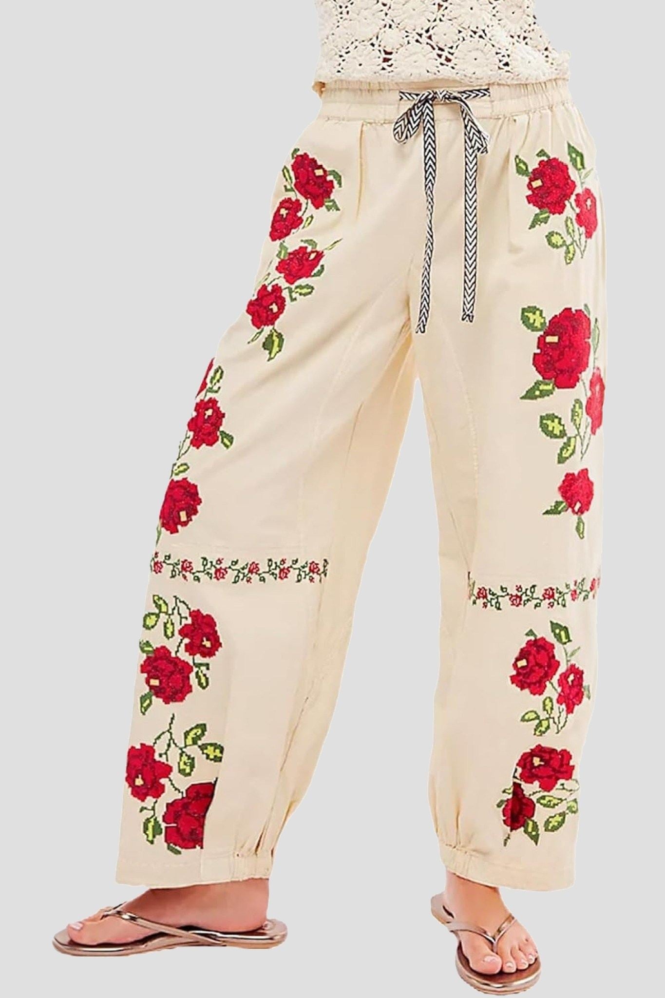 Kedera Boho Floral Embroidered Drawstring Pants – Blue or Red Bloom Linen Trousers