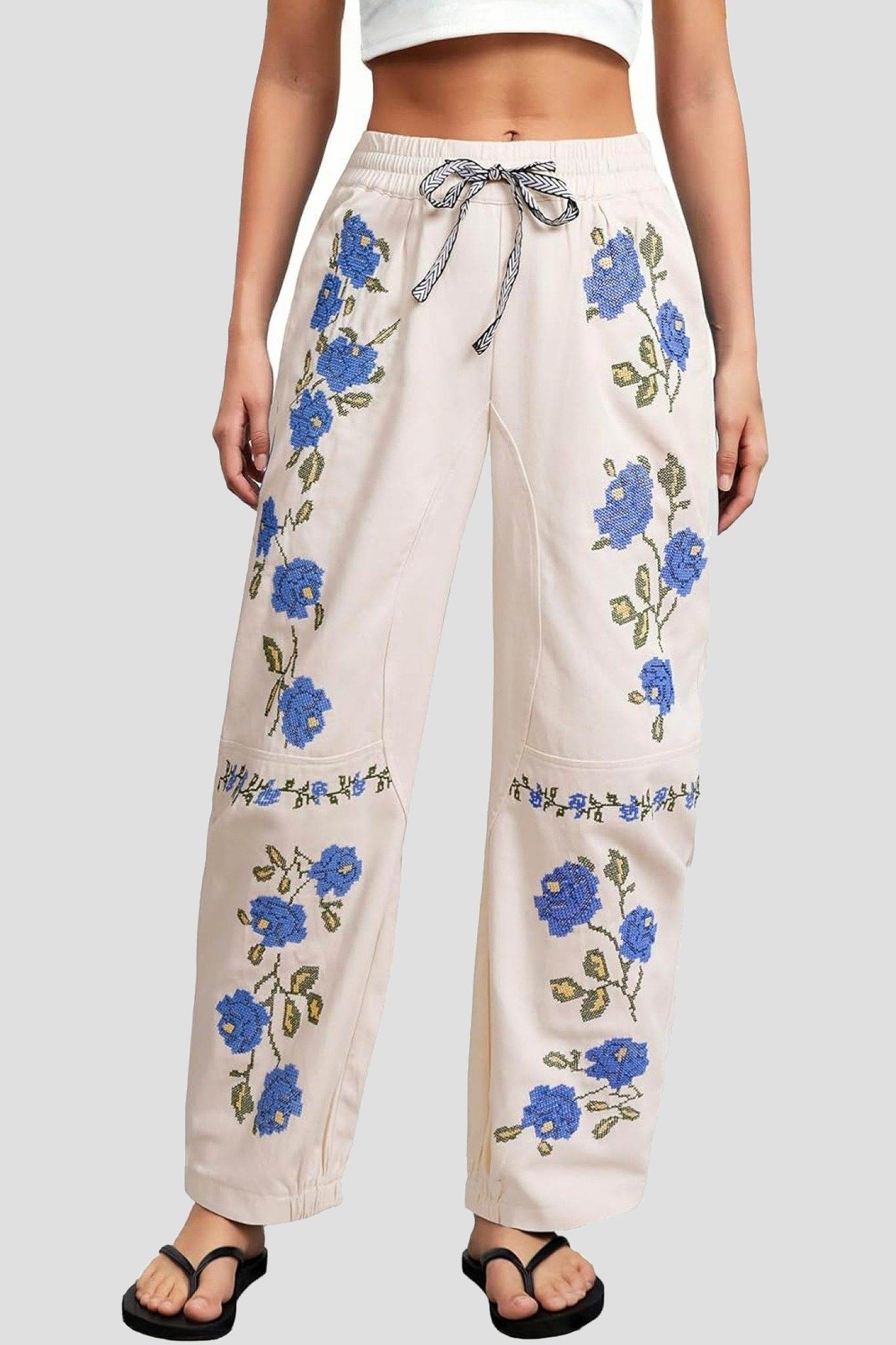 Kedera Boho Floral Embroidered Drawstring Pants – Blue or Red Bloom Linen Trousers