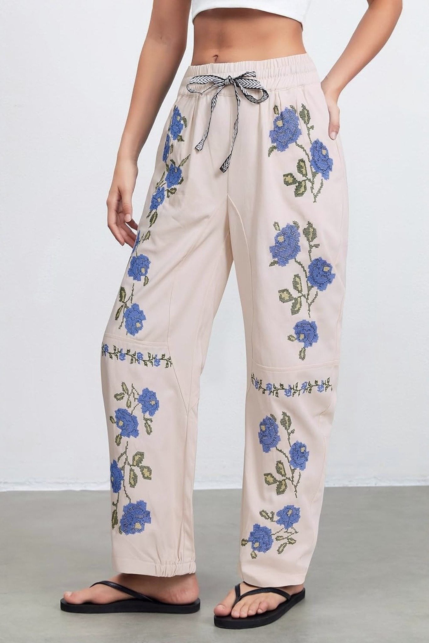 Kedera Boho Floral Embroidered Drawstring Pants – Blue or Red Bloom Linen Trousers