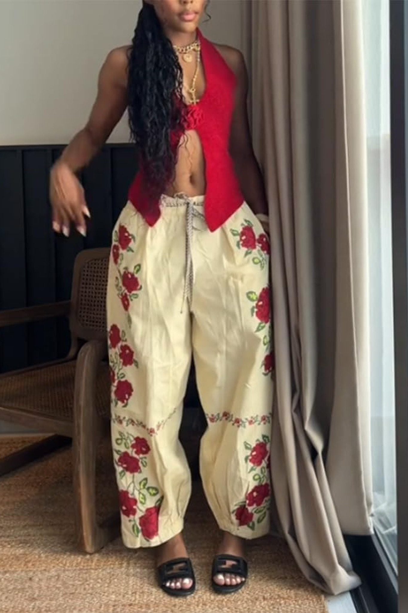 Kedera Boho Floral Embroidered Drawstring Pants – Blue or Red Bloom Linen Trousers