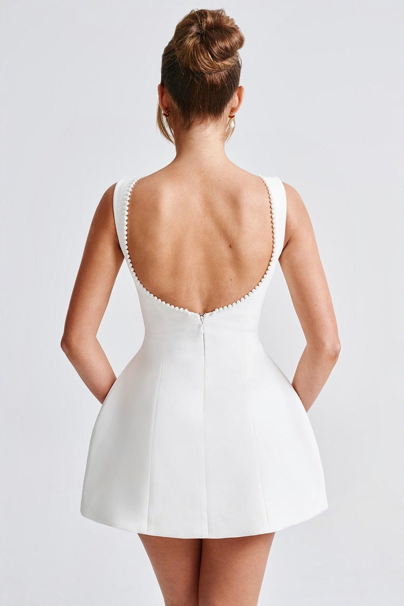 Ezabutus Elegant Pearl Trim Bow Back Mini Dress – Available in Pink, Black & White