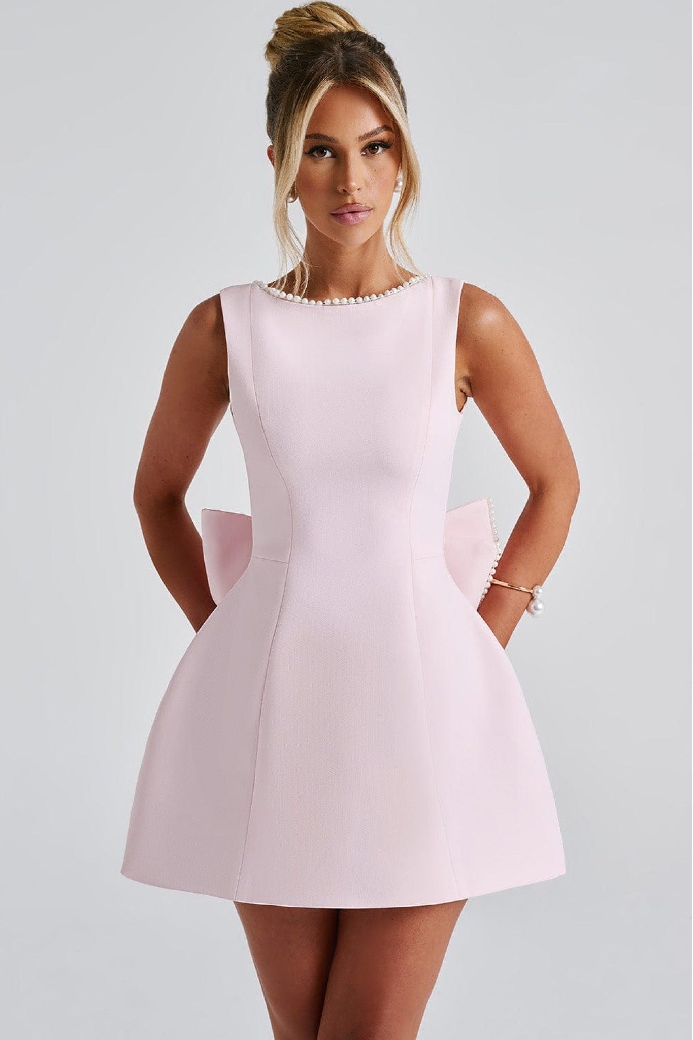Ezabutus Elegant Pearl Trim Bow Back Mini Dress – Available in Pink, Black & White