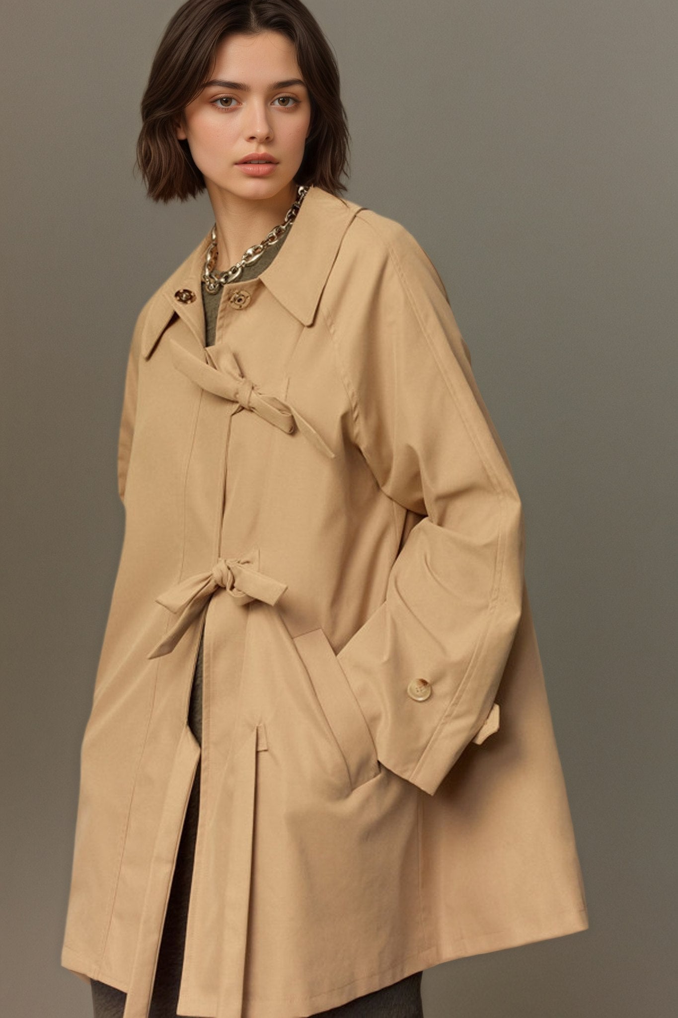 Kedera Chic Beige Bow Tie Trench Cape Coat