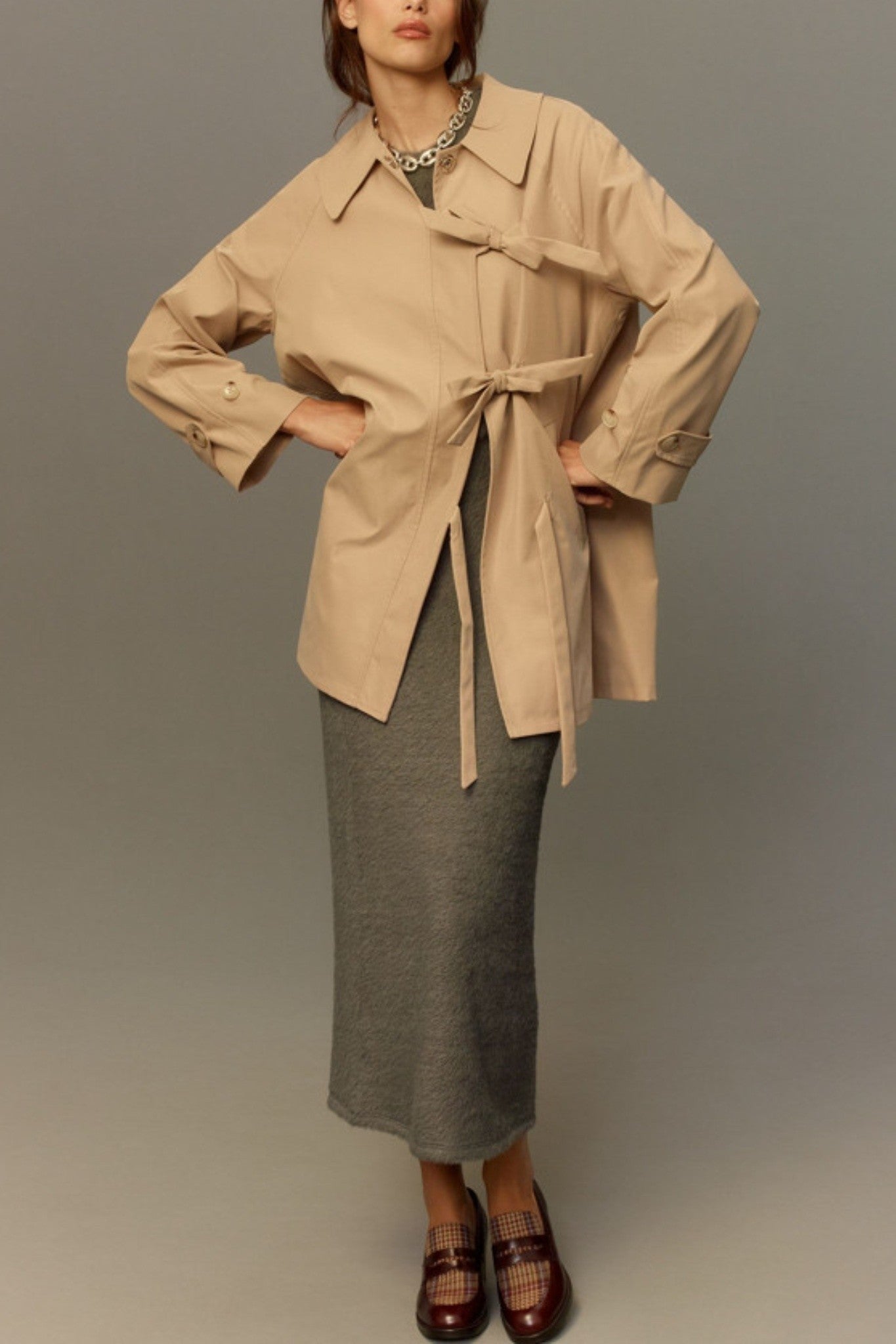 Kedera Chic Beige Bow Tie Trench Cape Coat