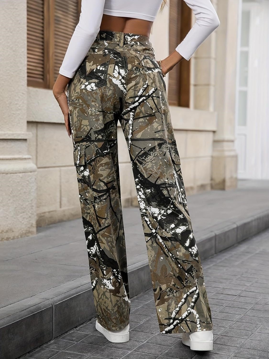 Lifeshe Trendy Wide Leg Camo Cargo Jeans Street Style