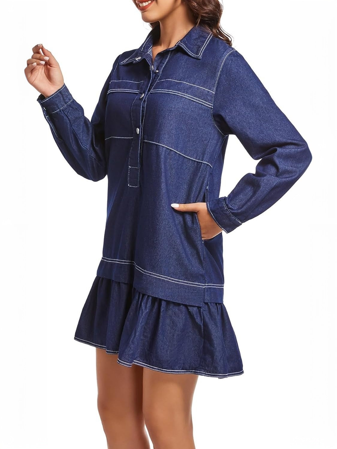 Yexpine Cotton Drop Waist Shirt Dress With Pockets