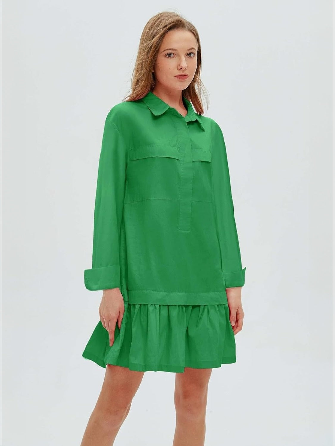 Yexpine Cotton Drop Waist Shirt Dress With Pockets