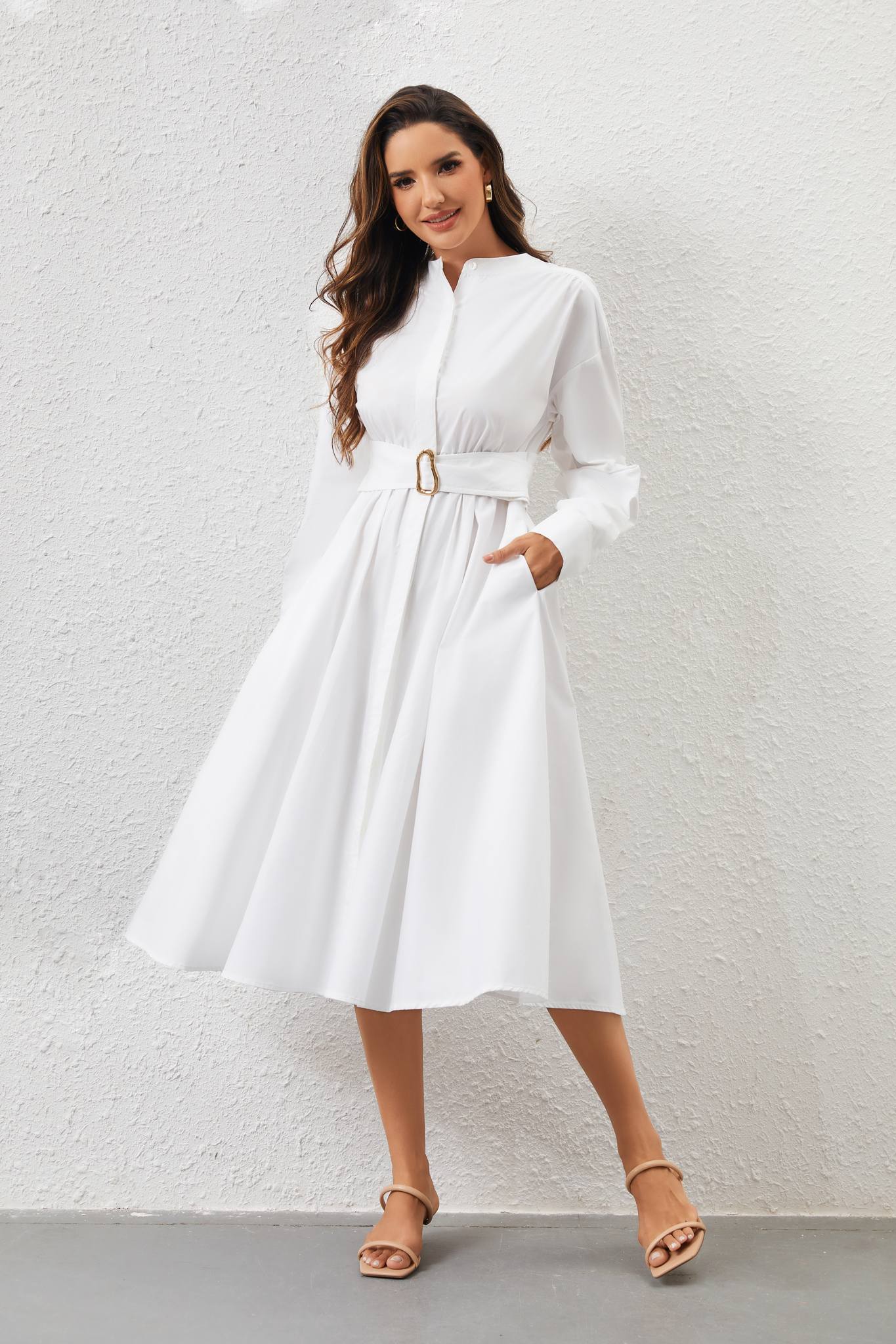 Ezabutus White Cotton Belted Round Collar Midi Shirt Dress