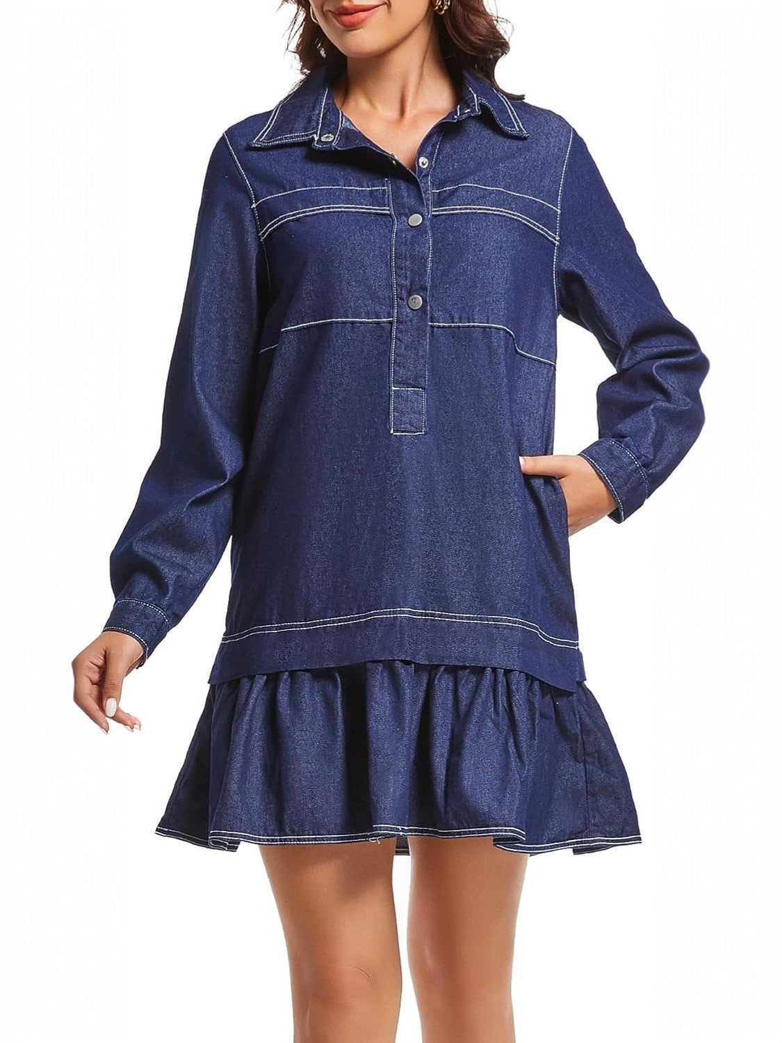 Yexpine Cotton Drop Waist Shirt Dress With Pockets