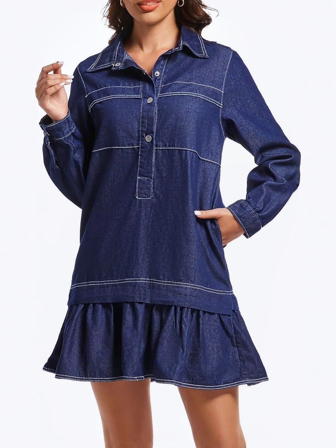 Yexpine Cotton Drop Waist Shirt Dress With Pockets