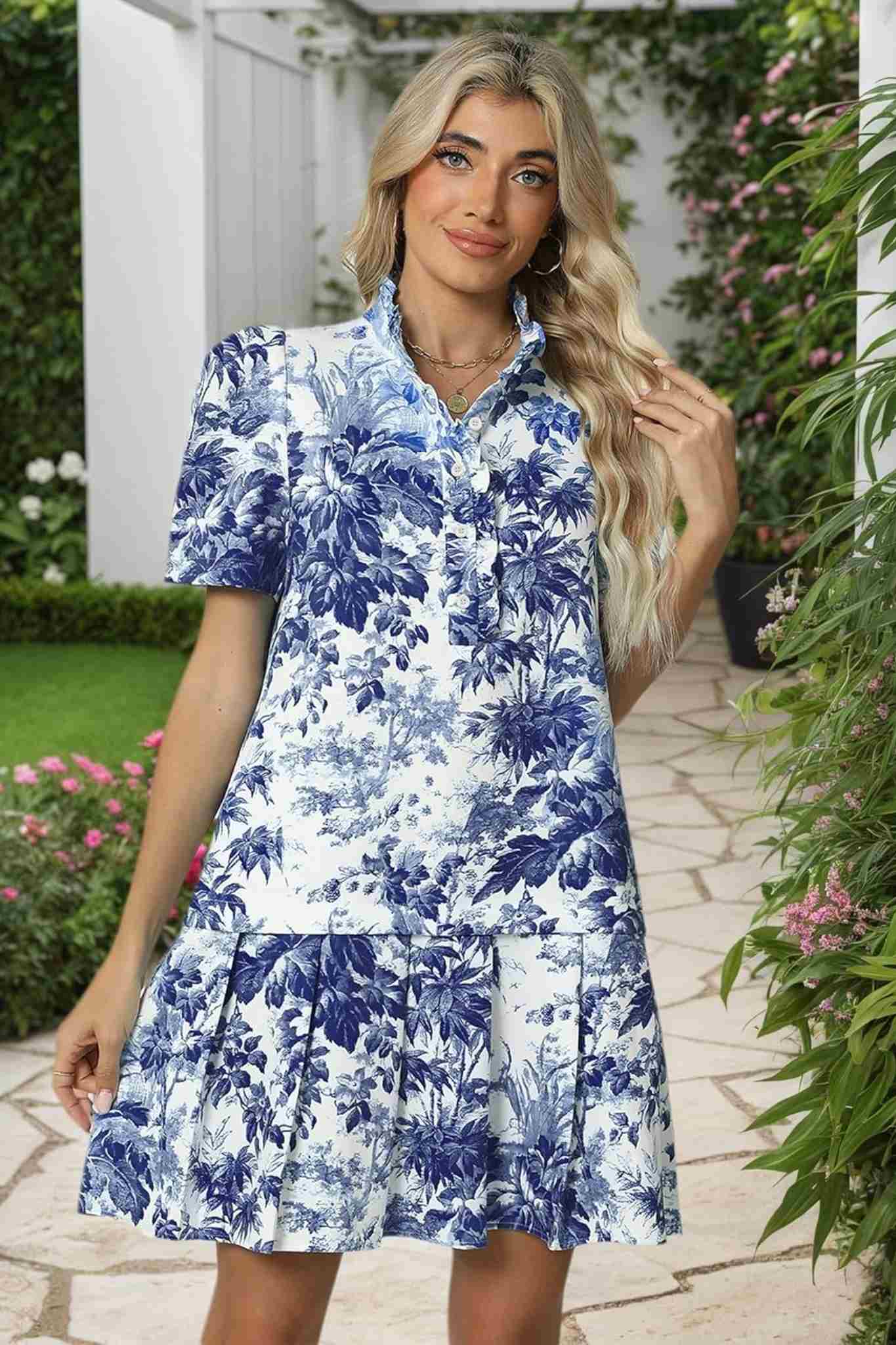 Ezapine Vintage Elegance Floral Puff Sleeve Drop Waist Pleated Dress