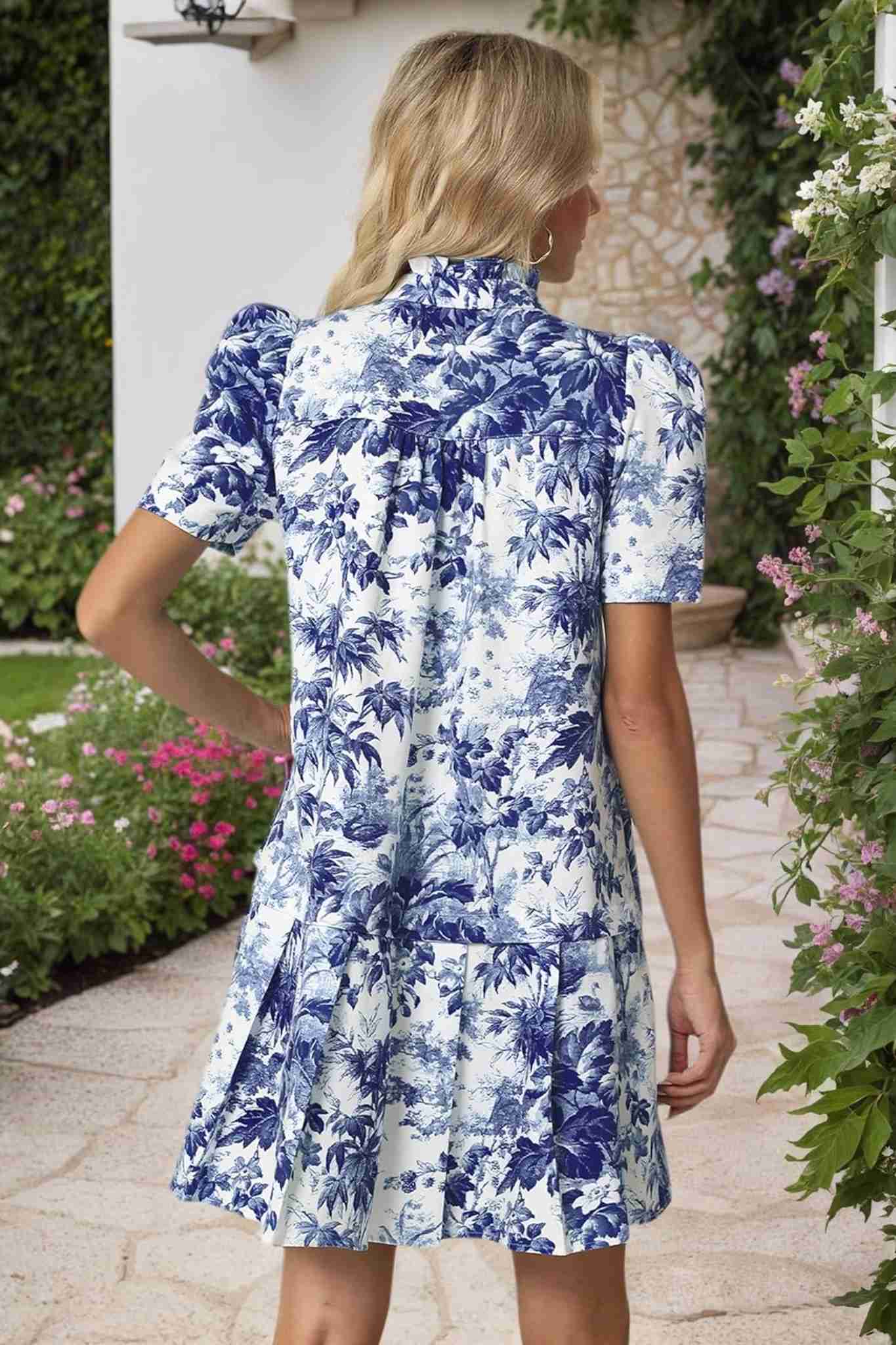 Ezapine Vintage Elegance Floral Puff Sleeve Drop Waist Pleated Dress