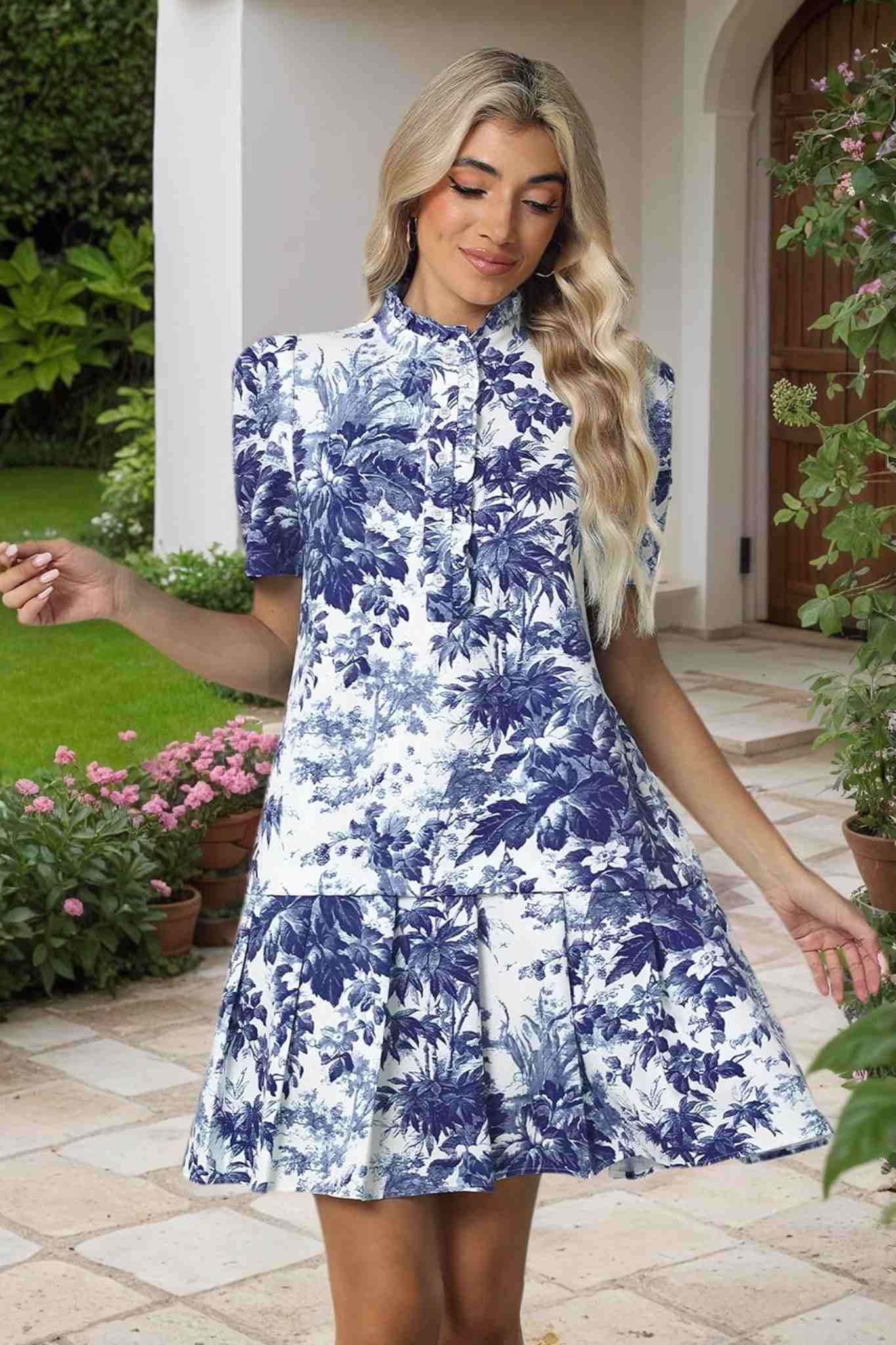 Ezapine Vintage Elegance Floral Puff Sleeve Drop Waist Pleated Dress